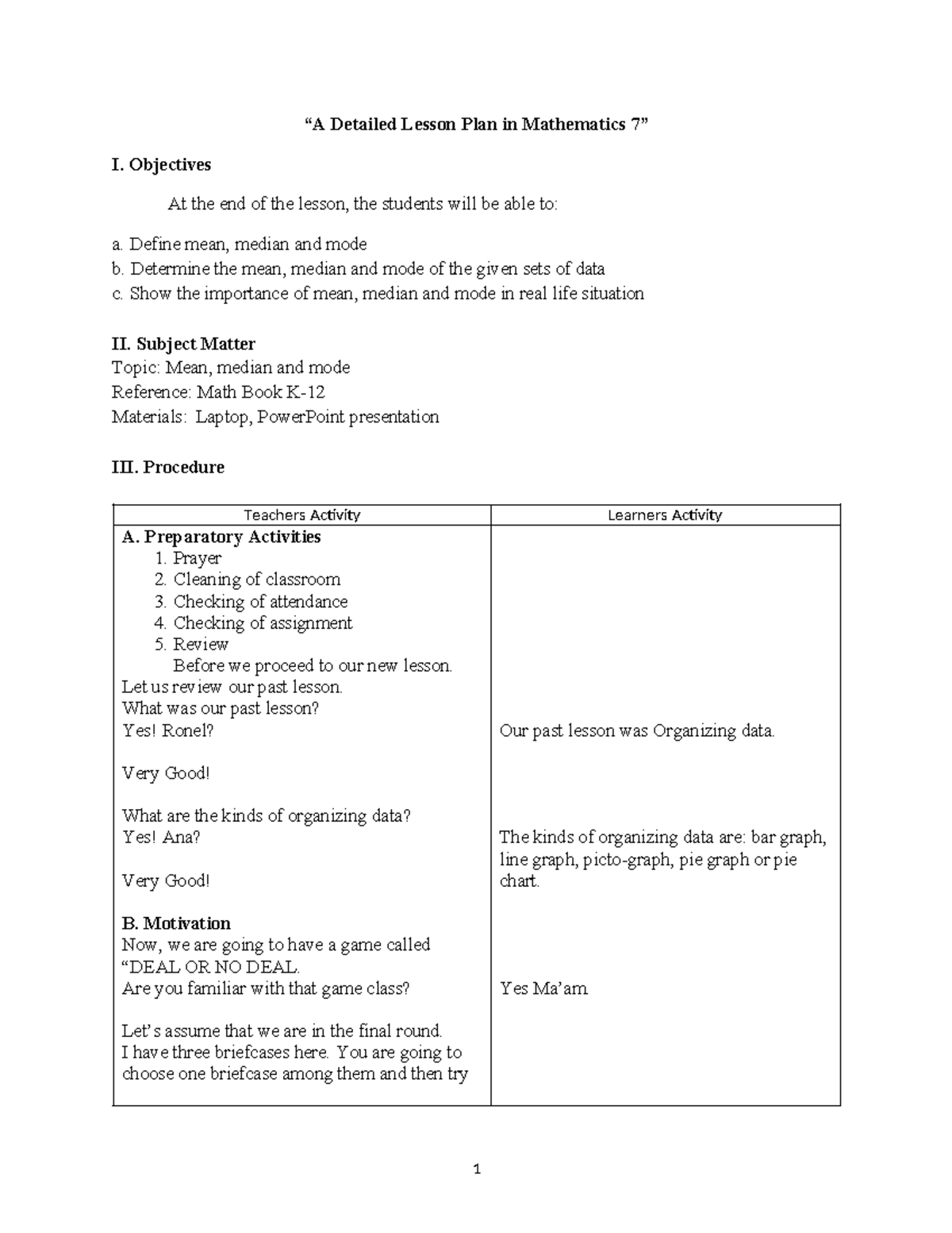 Detailed Lesson Plan: Mean, Median, and Mode in Math I - Studocu