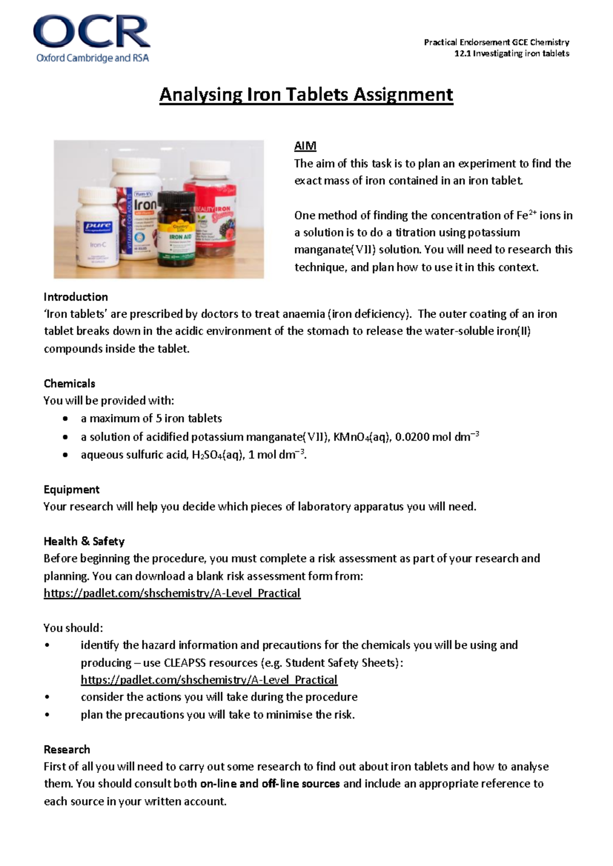 A-Level Chemistry: Analyzing Iron Tablets Assignment Guide - Studocu