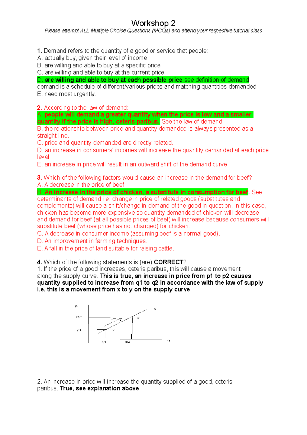 Demand and Supply Workshop 2 - Solutions to Tutorial MCQs - Studocu