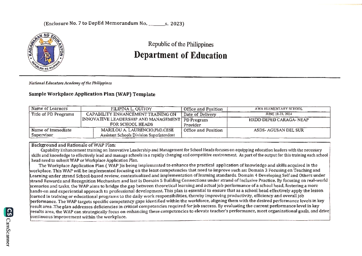 Workplace Application Plan for Capability Enhancement Training (CS ...