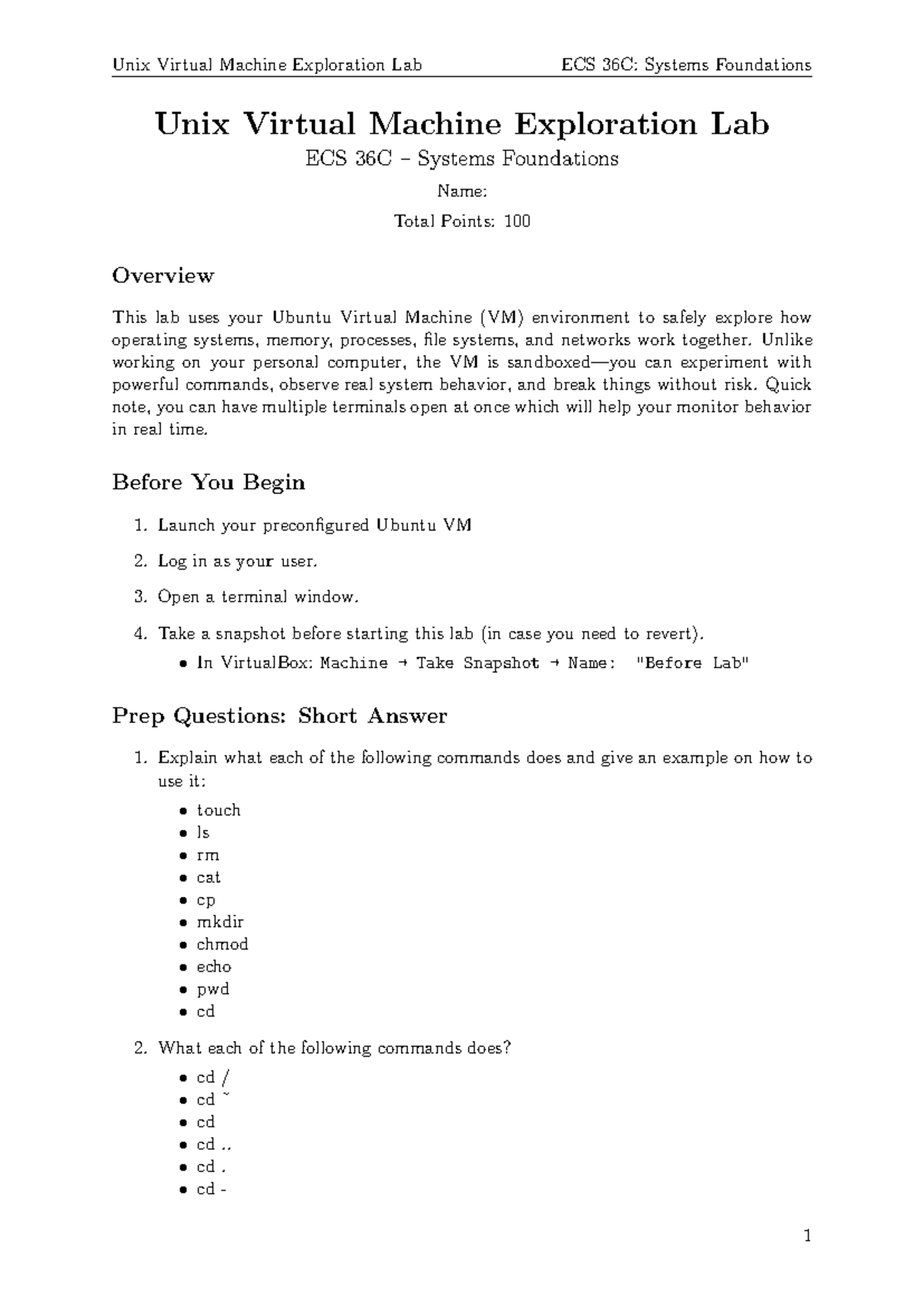 Unix Virtual Machine Exploration Lab ECS 36C: Systems Foundations ...