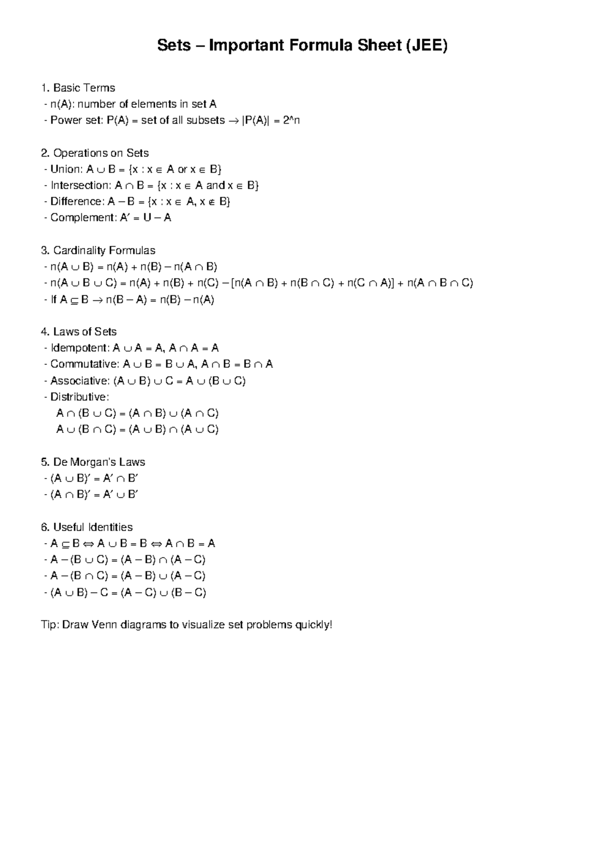 Sets Formula Sheet (JEE) - Key Concepts & Important Laws - Studocu
