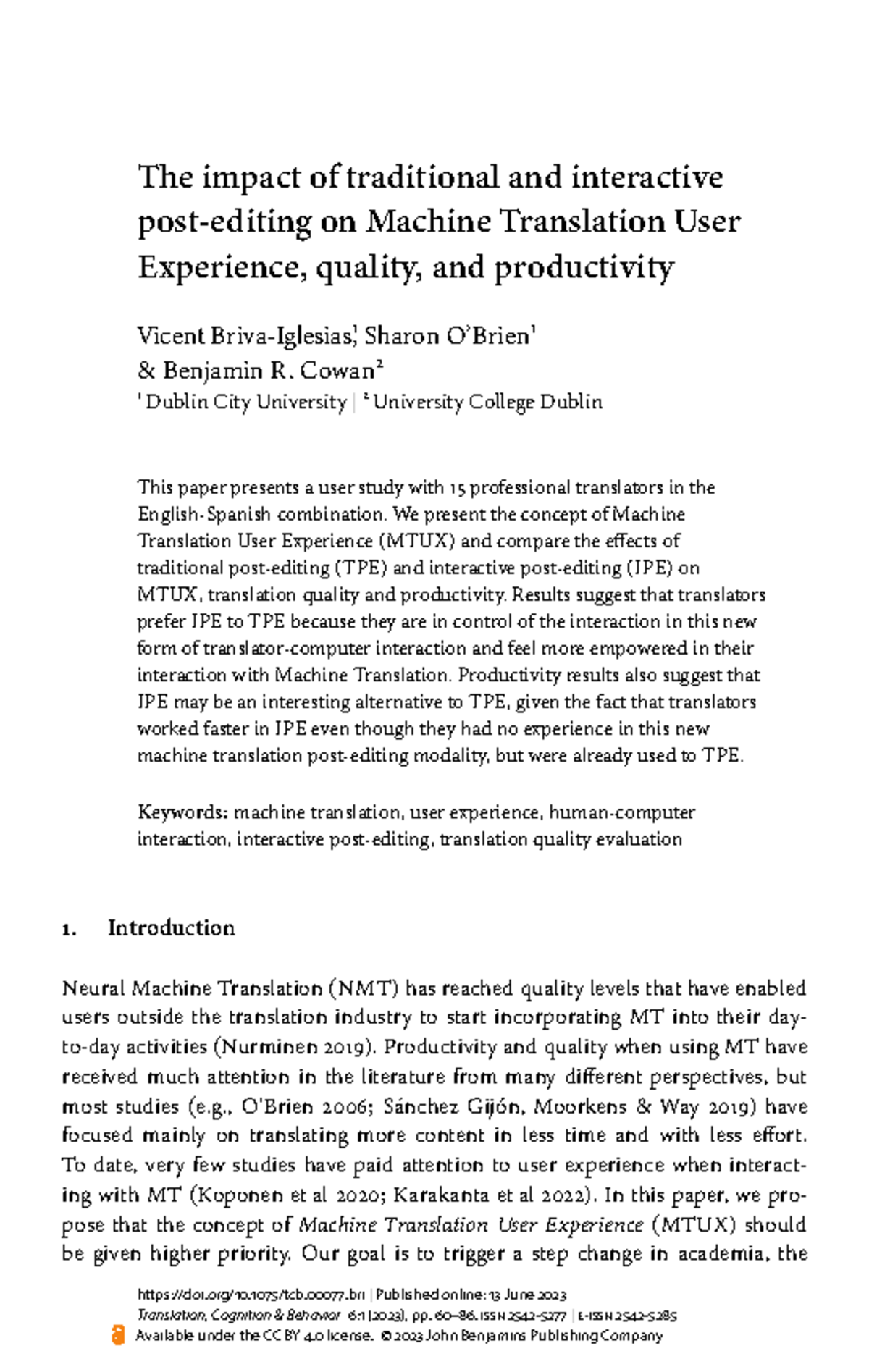 TCB - TRAD: The Influence of Traditional vs Interactive Post-Editing on ...