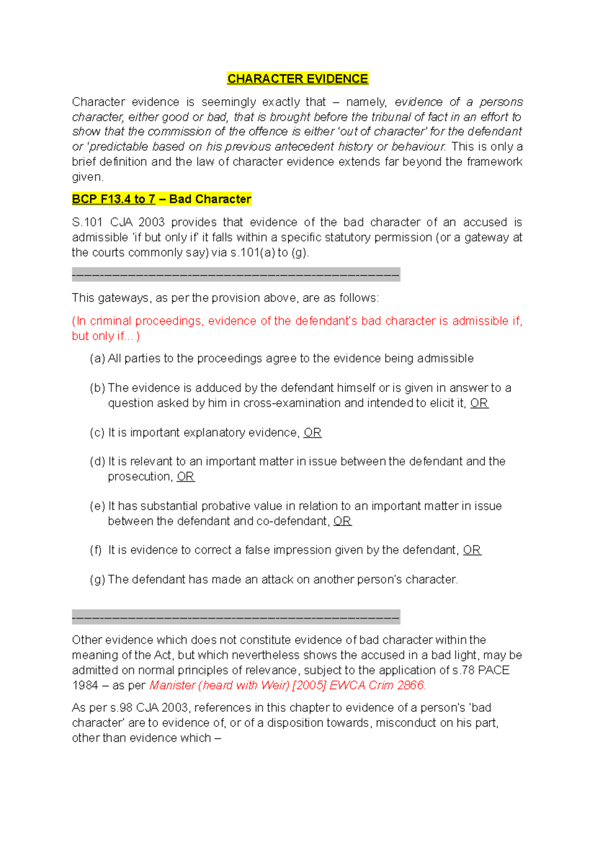 Crimlit 12 - Understanding Character Evidence in Criminal Law - Studocu