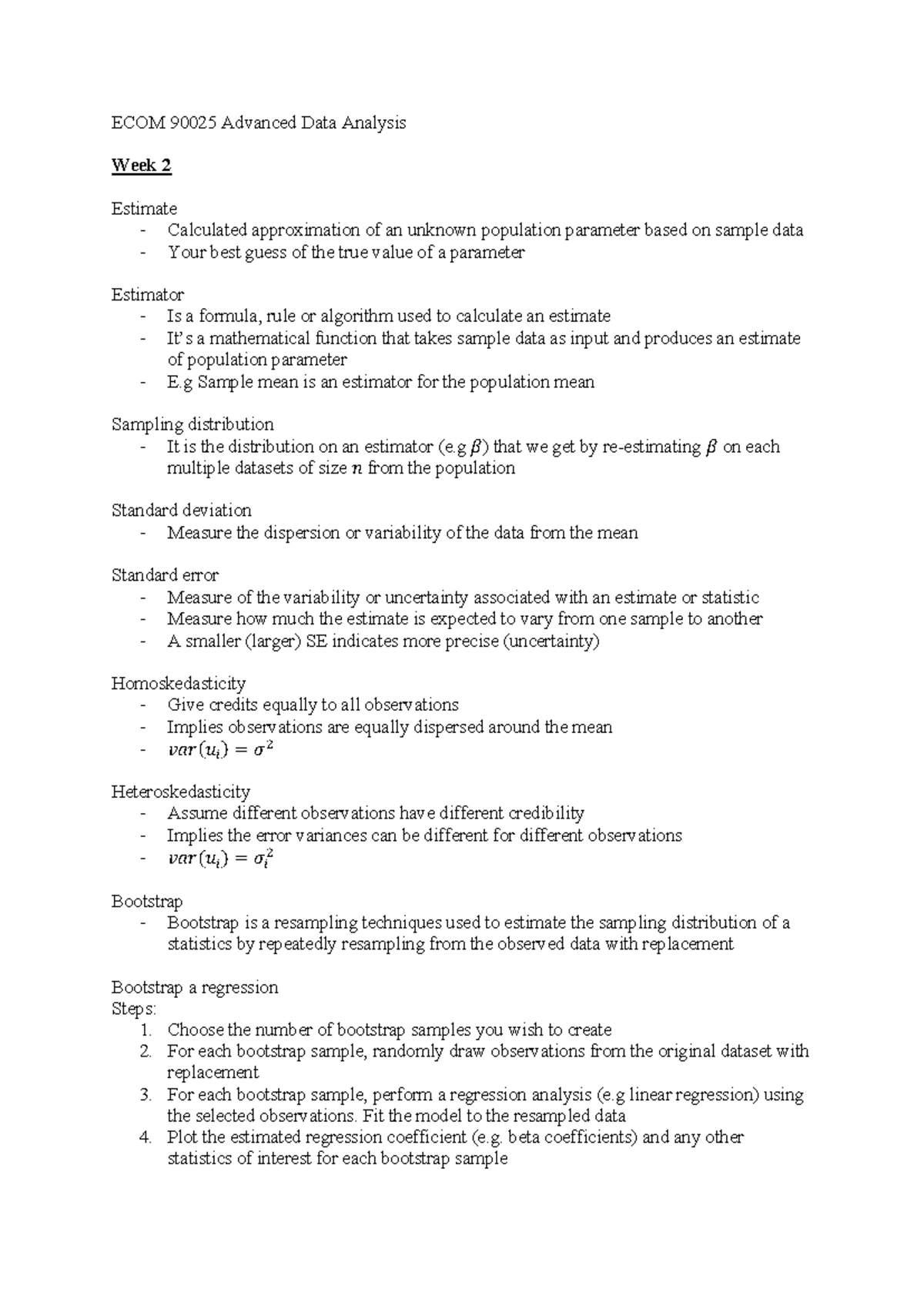 ECOM 90025 Advanced Data Analysis Week 2 Study Notes - Studocu