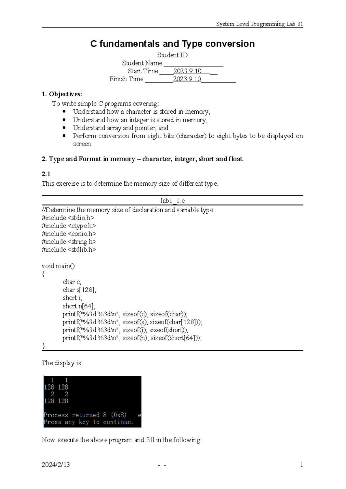 C Fundamentals Lab 01: Type Conversion and Memory Analysis 230824 - Studocu