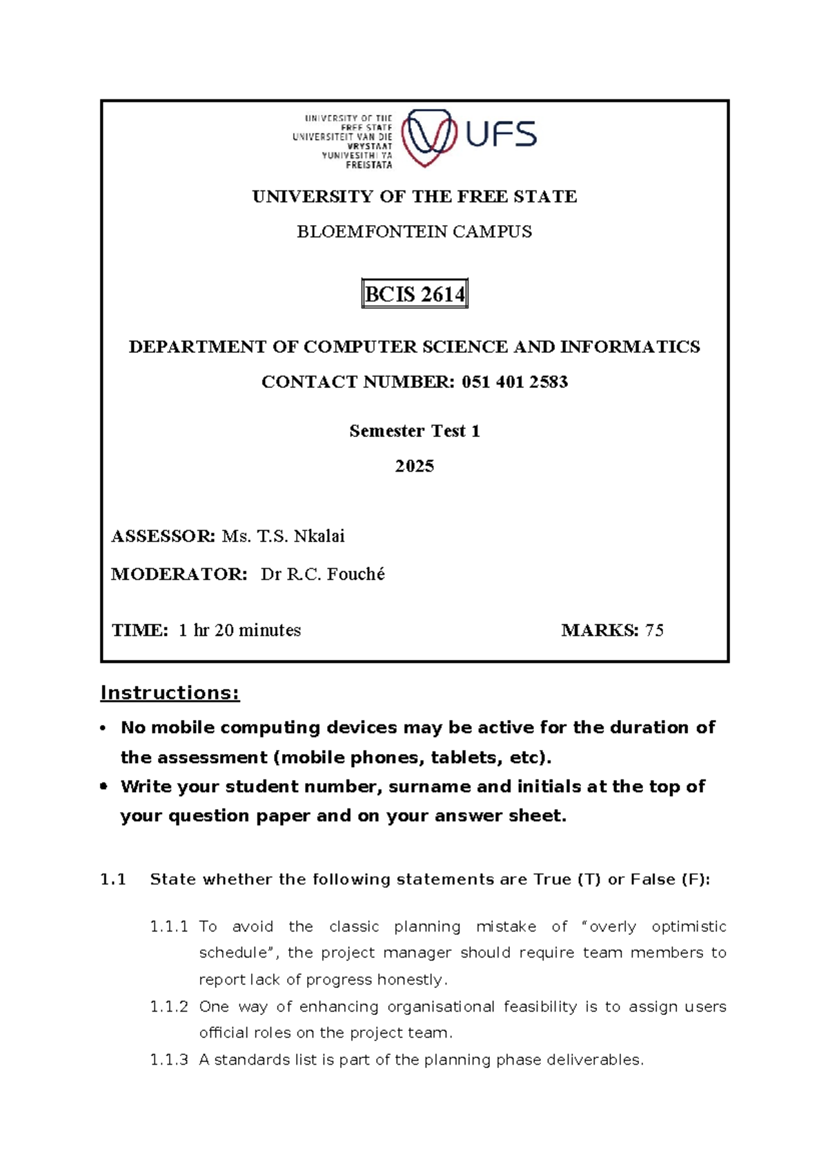 BCIS 2614 Semester Test 1 2025 - Computer Science Insights - Studocu