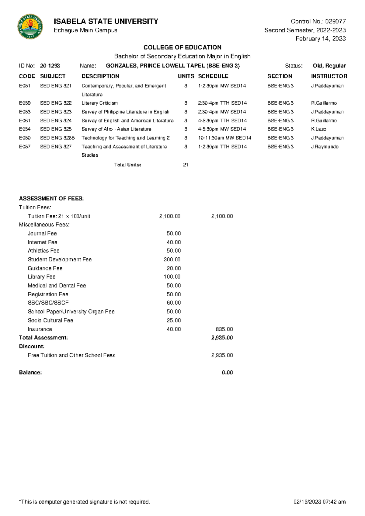 Isu assessment form 02192023 - ISABELA STATE UNIVERSITY Control No ...
