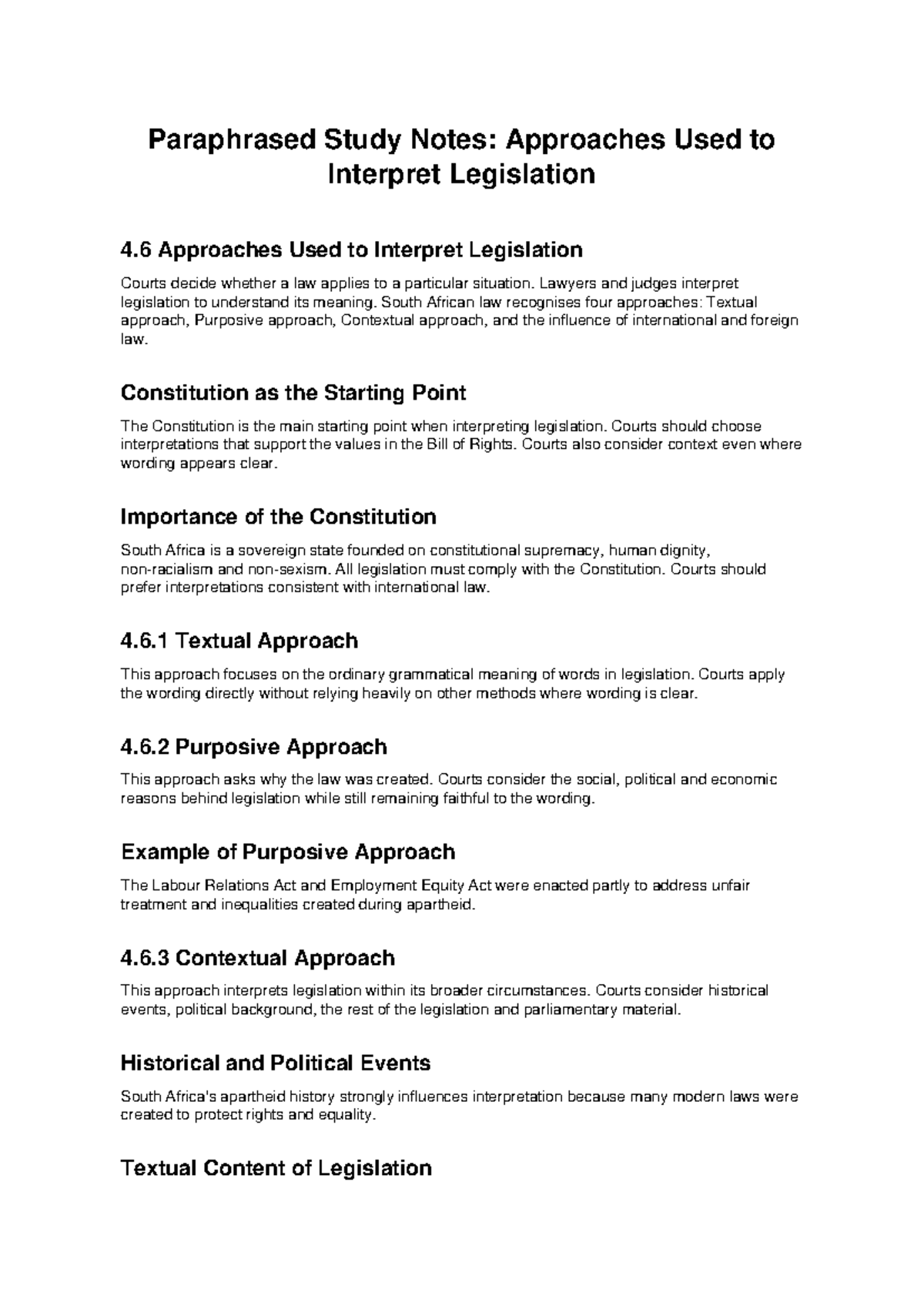 Legislation Interpretation Notes: Approaches to Understanding Law - Studocu