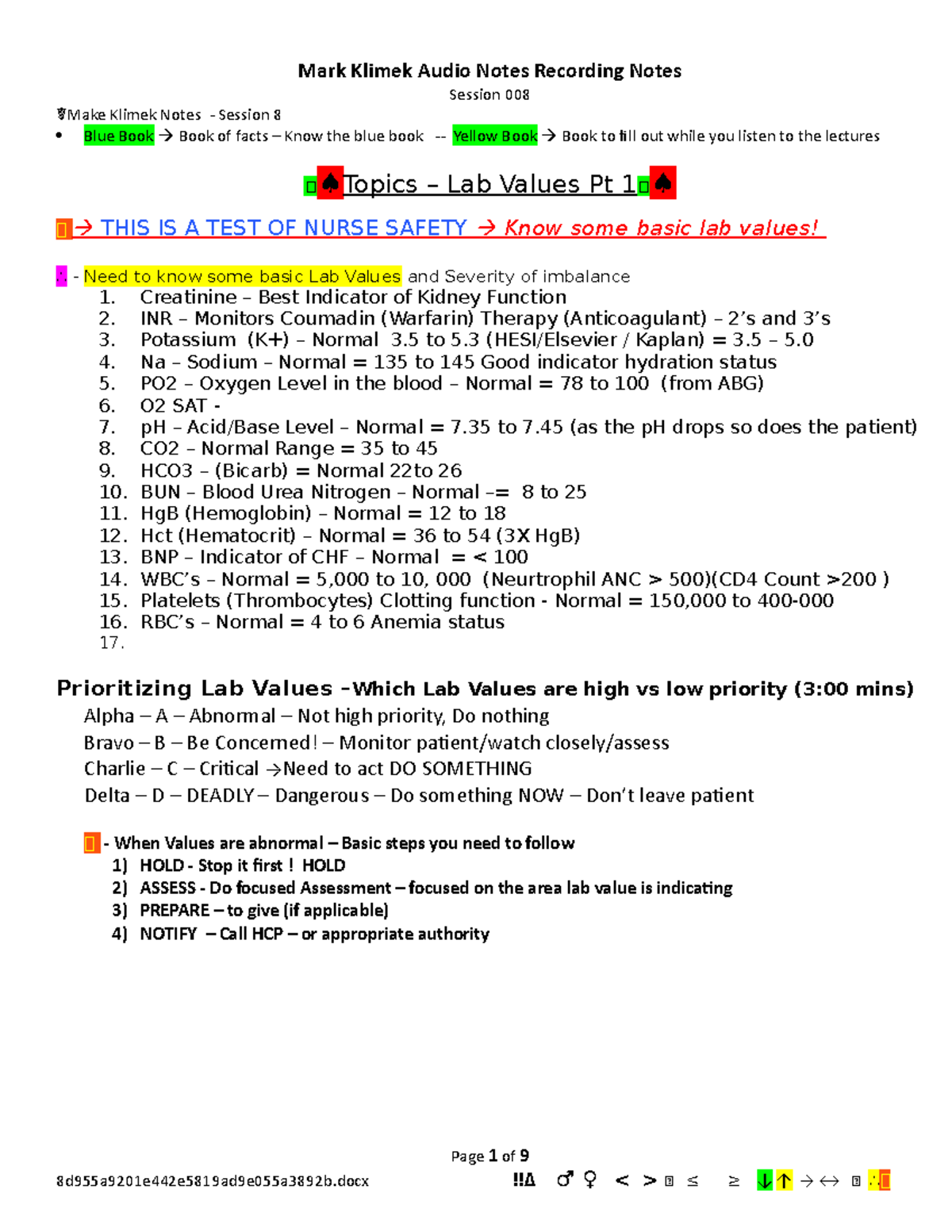 健康・医学 year note/Quick Check Z008 Mark Klimek Notes for 008 Lab Values - Session 008