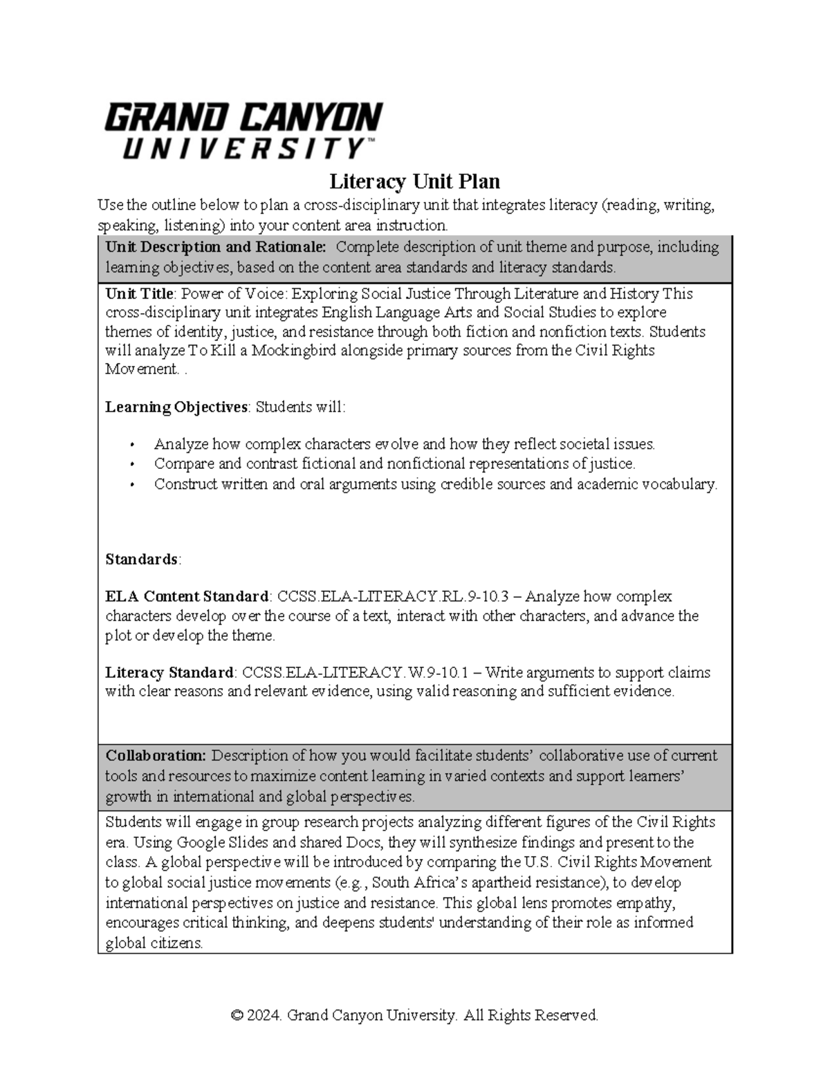 Cross-Disciplinary Unit Plan: Literacy & Social Justice (ELA/SocSt ...