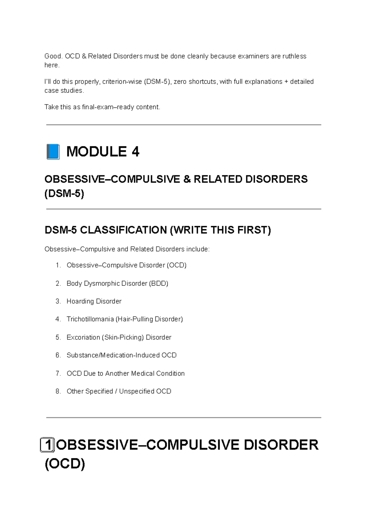 OCD Related Disorders: Comprehensive Study Notes for Module 4 - Studocu