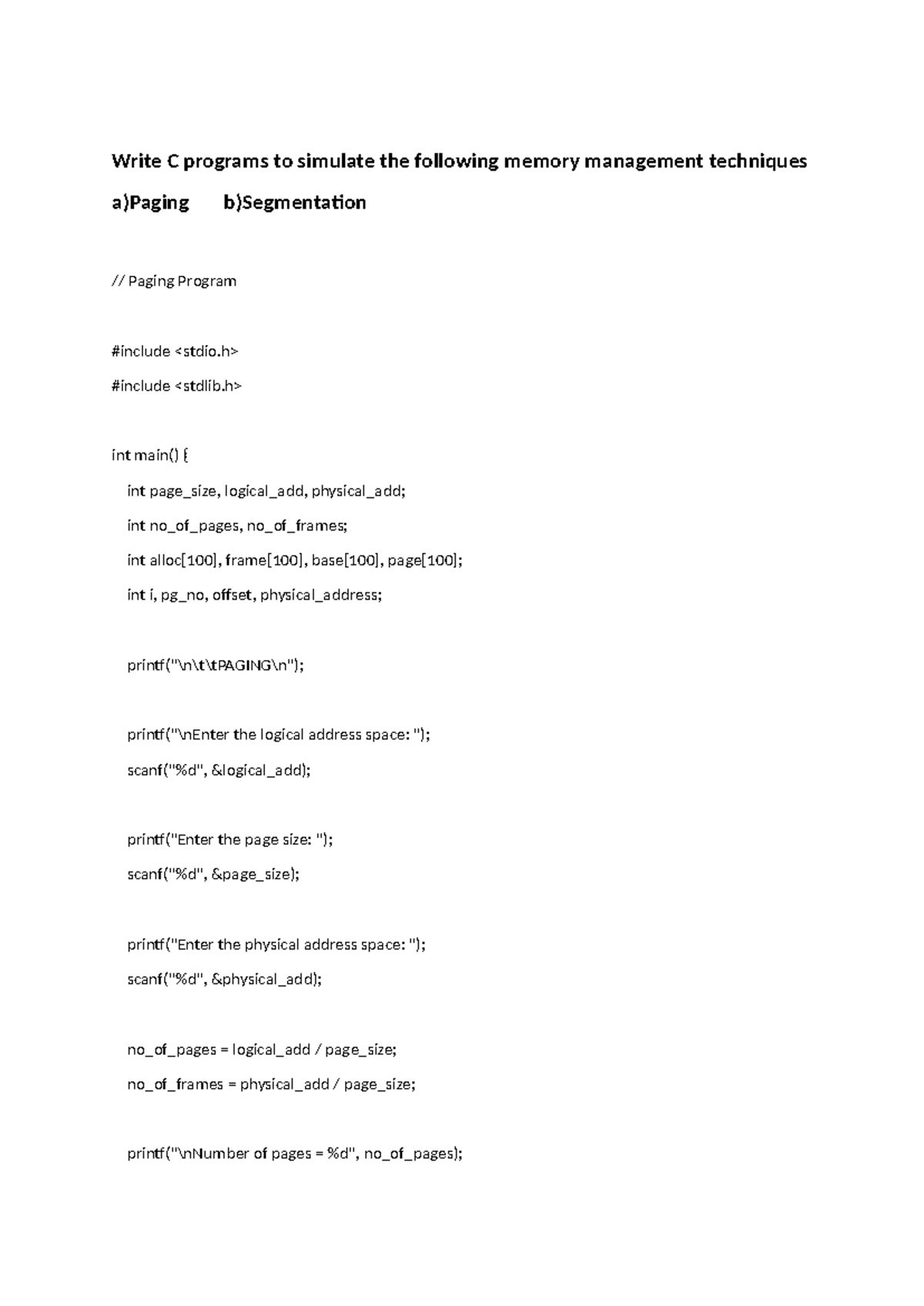 OS Lab (CS101) - Paging & Segmentation Memory Management Programs - Studocu