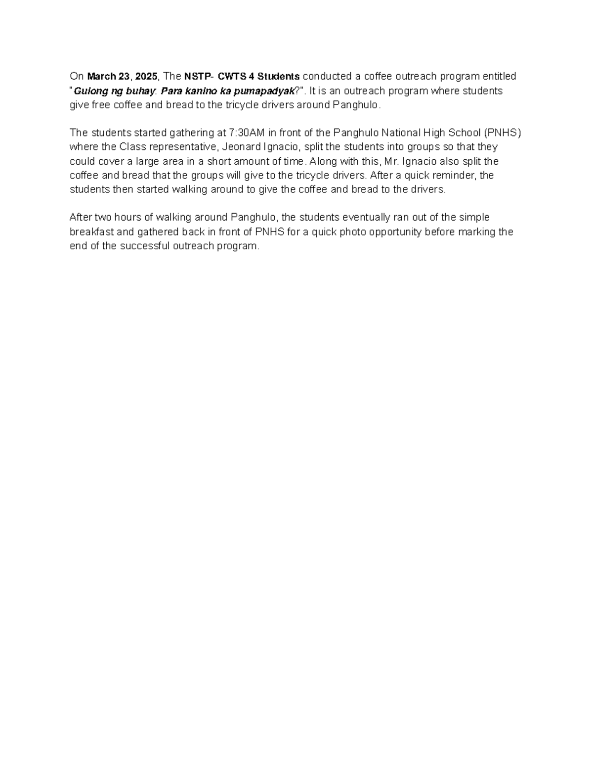 CWT 4 Coffee Outreach Program - March 23, 2025 - Studocu