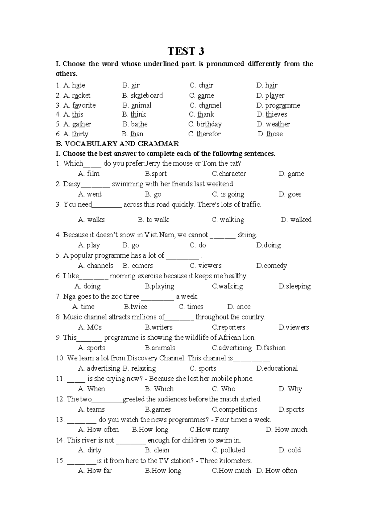 TEST 3 (BUỔI 3) - Vocabulary and Grammar Practice - Studocu