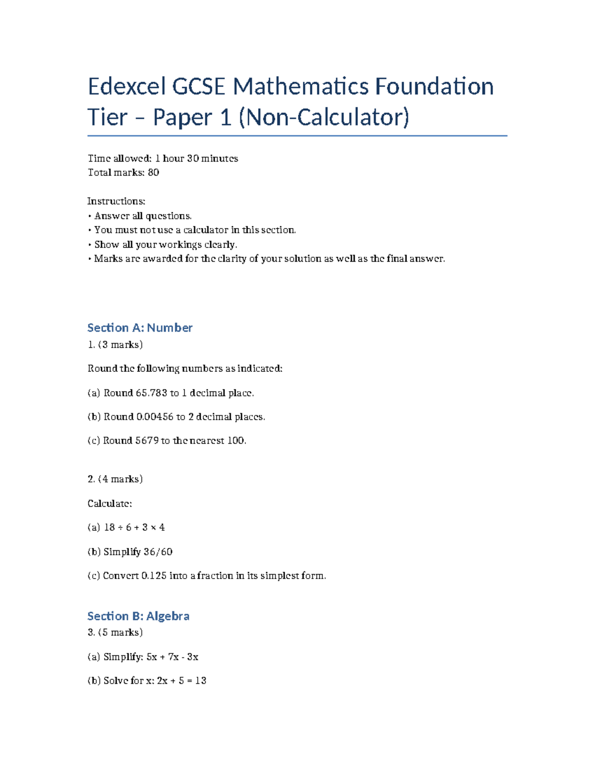 Edexcel GCSE Maths Foundation Paper 1 - Non-Calculator Exam Guide - Studocu