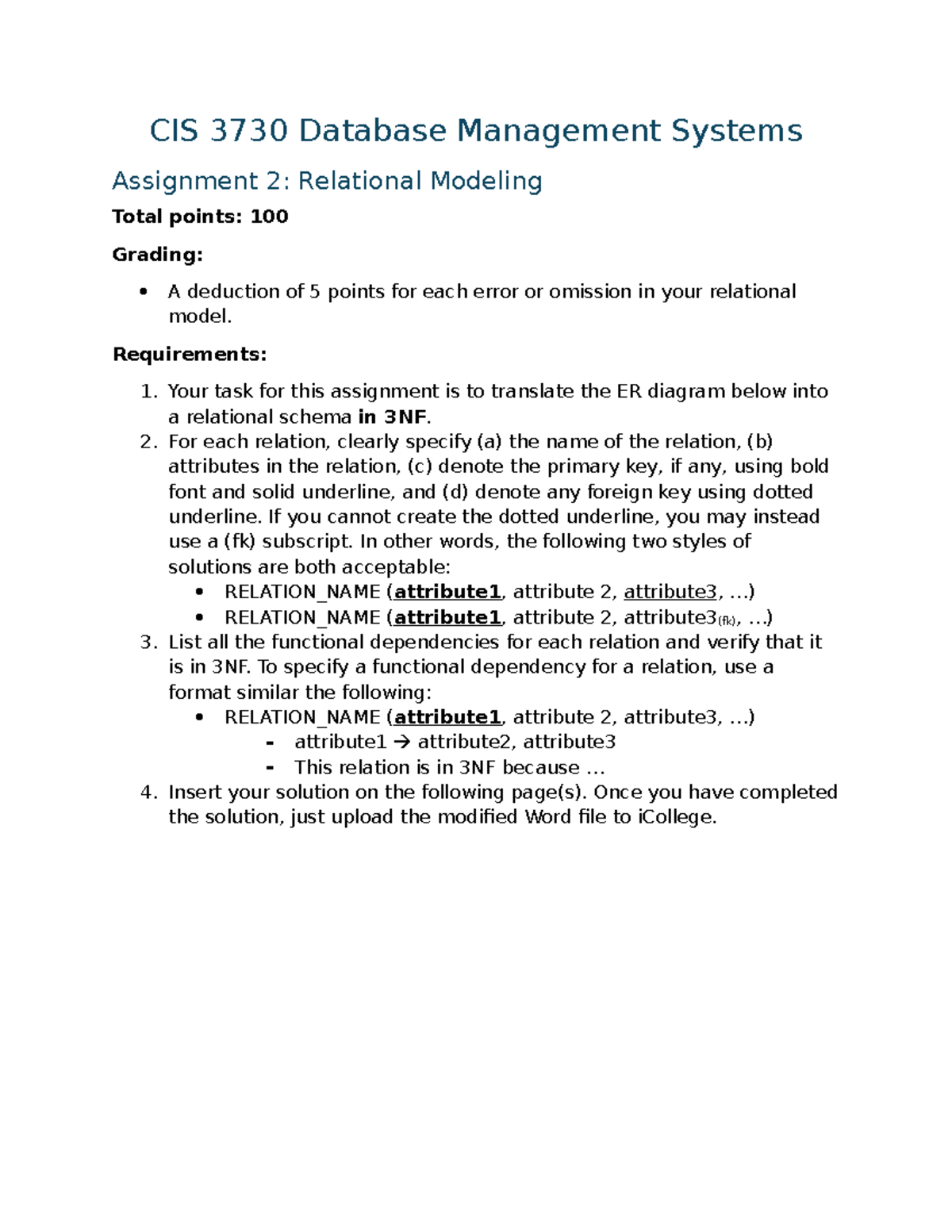 Assignment 2 - Relational Modeling Anthony Igbokwe - CIS 3730 Database ...
