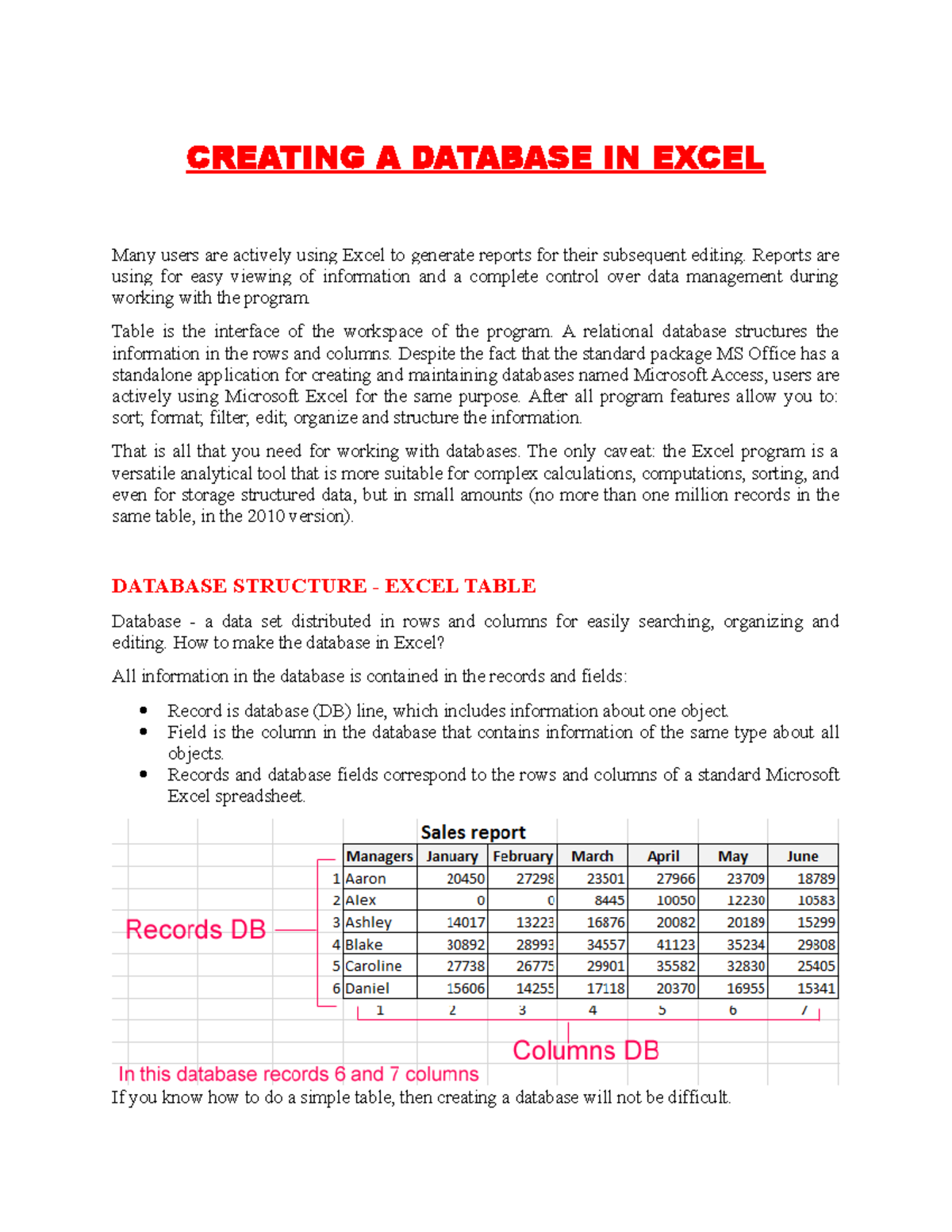 Creating A Database IN Excel - CREATING A DATABASE IN EXCEL Many users ...