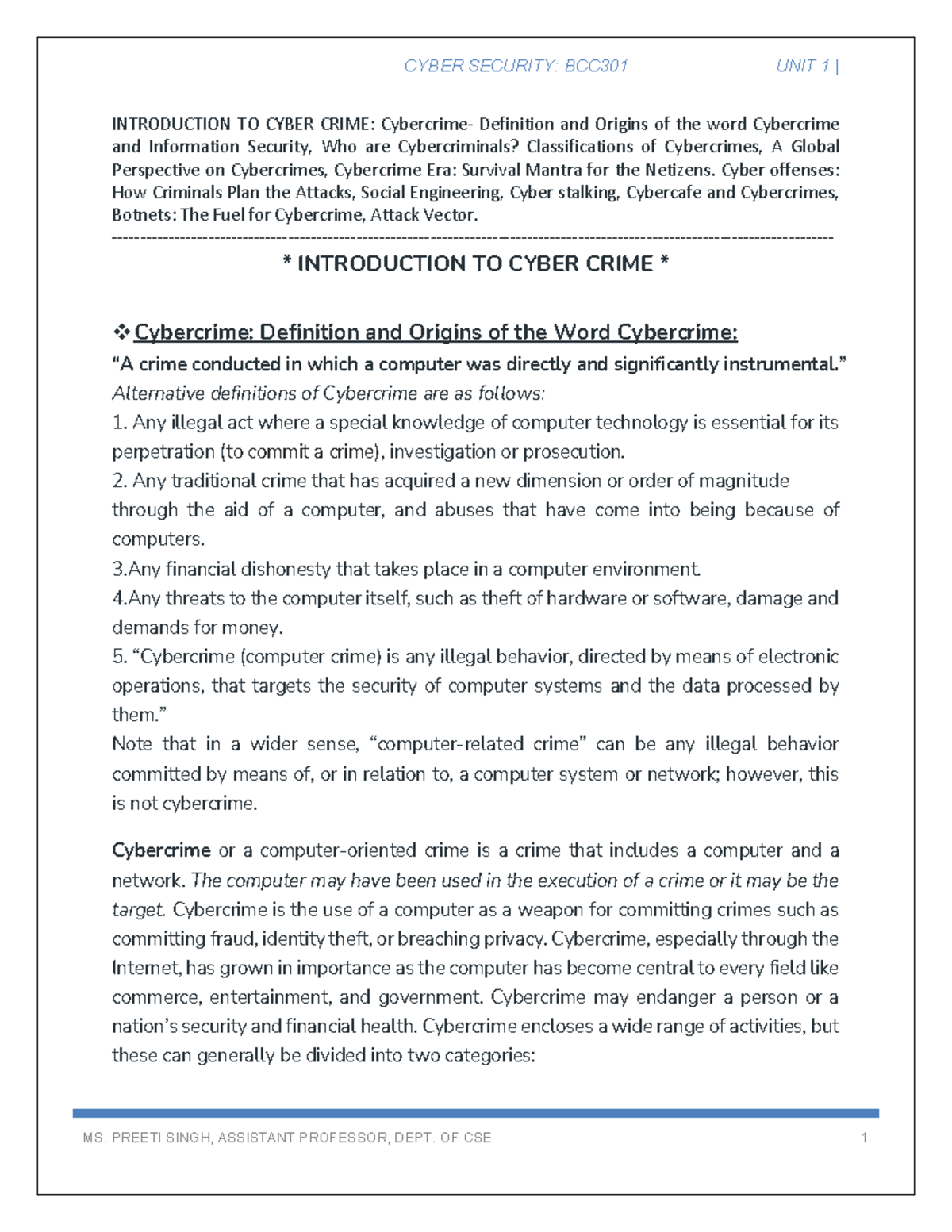 Cyber Security UNIT 1: Introduction to Cyber Crime and its Impact - Studocu