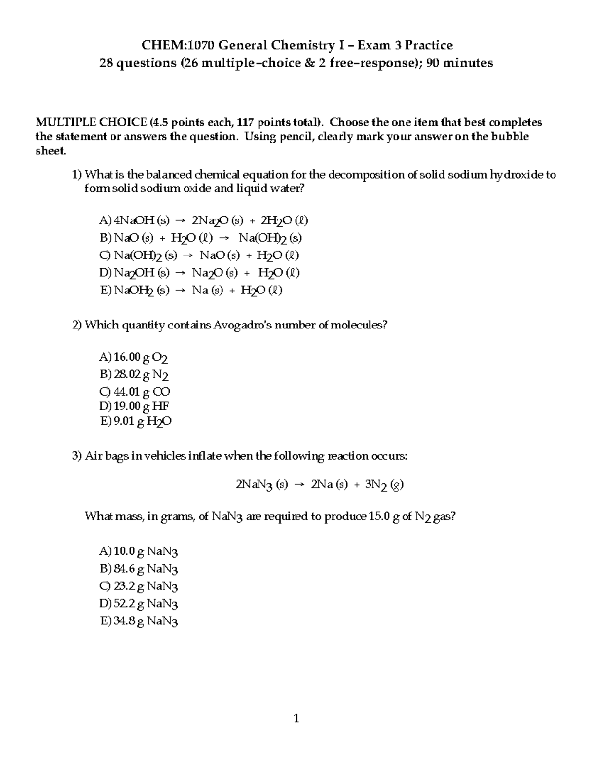 CHEM:1070 General Chemistry I Exam 3 Practice Questions - Studocu