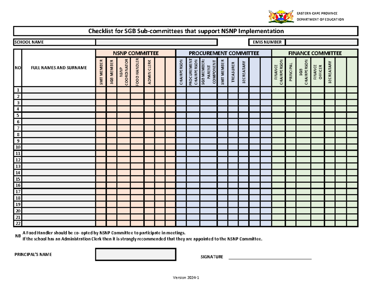 EASTERN CAPE DEPT OF EDUCATION SGB Checklist for NSNP Implementation ...
