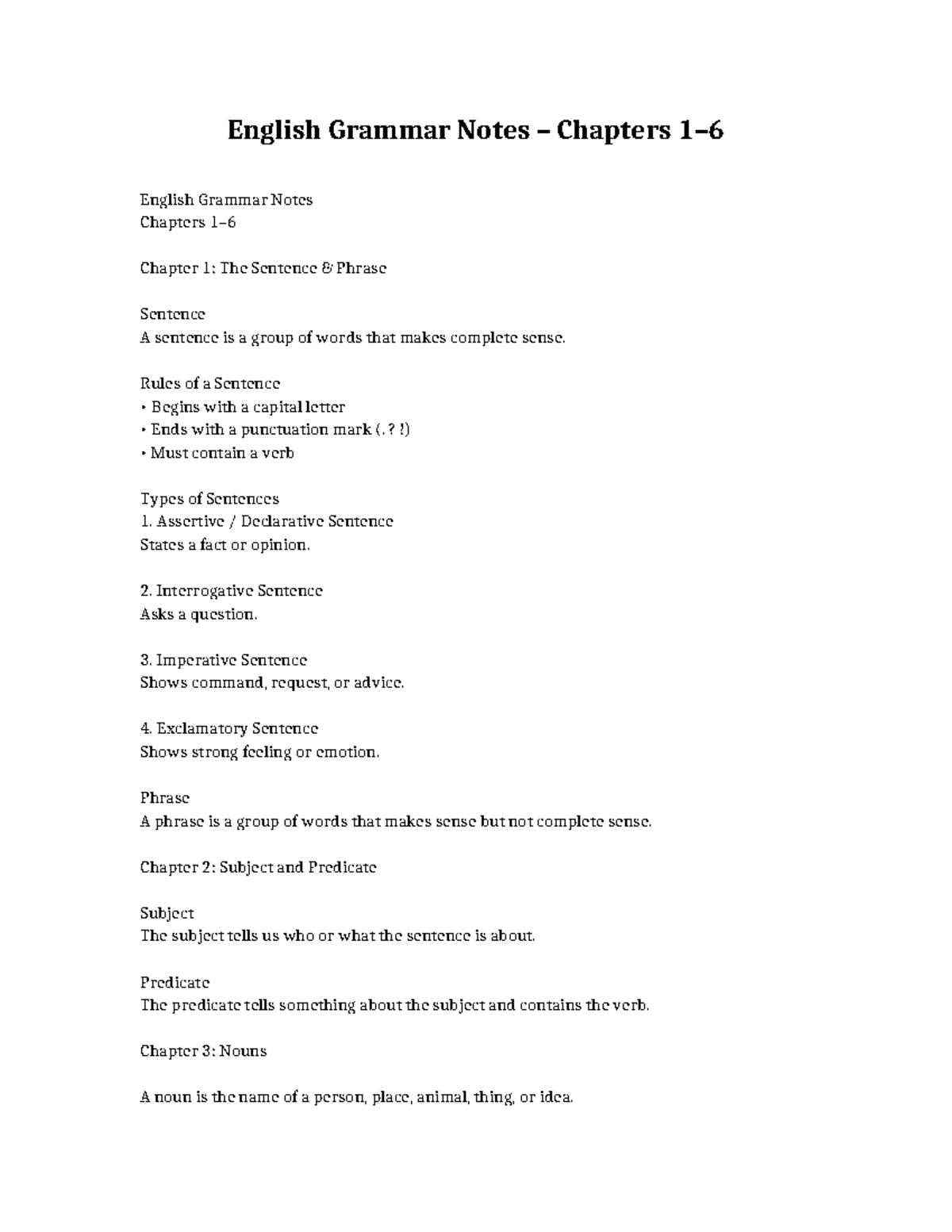 English Grammar Notes: Chapters 1-6 Overview - Studocu