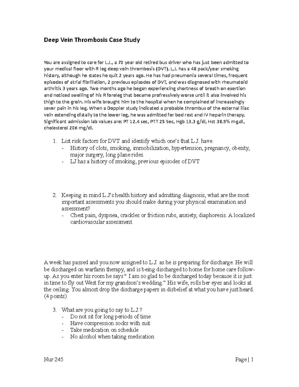 NUR 245 Deep Vein Thrombosis Case Study and Discharge Planning - Studocu