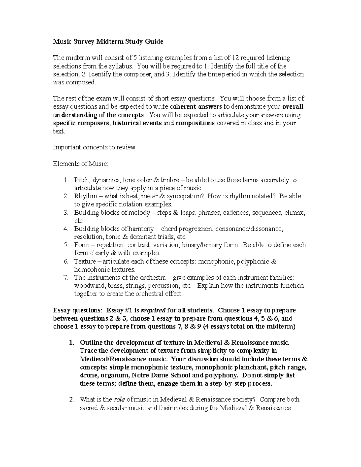 Music Survey Midterm Study Guide March 2014 - Music Survey Midterm ...