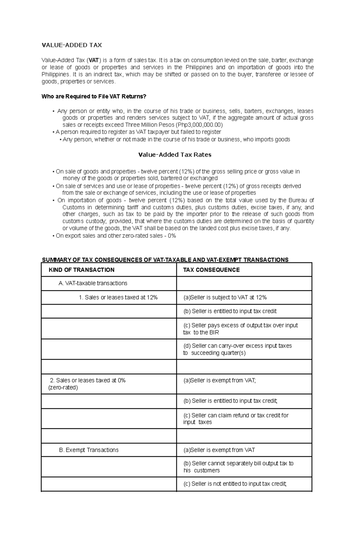 Final Exam Notes on Value-Added Tax (VAT) - Course Code: TAX101 - Studocu