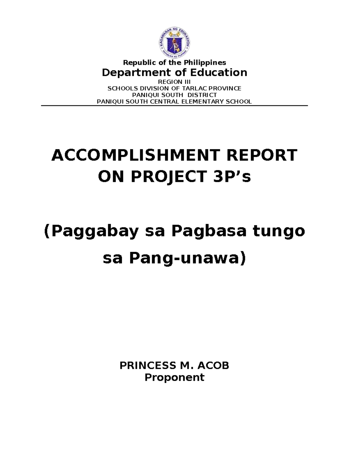 Accomplishment Report on Project 3P's for Grade One Reading Improvement ...