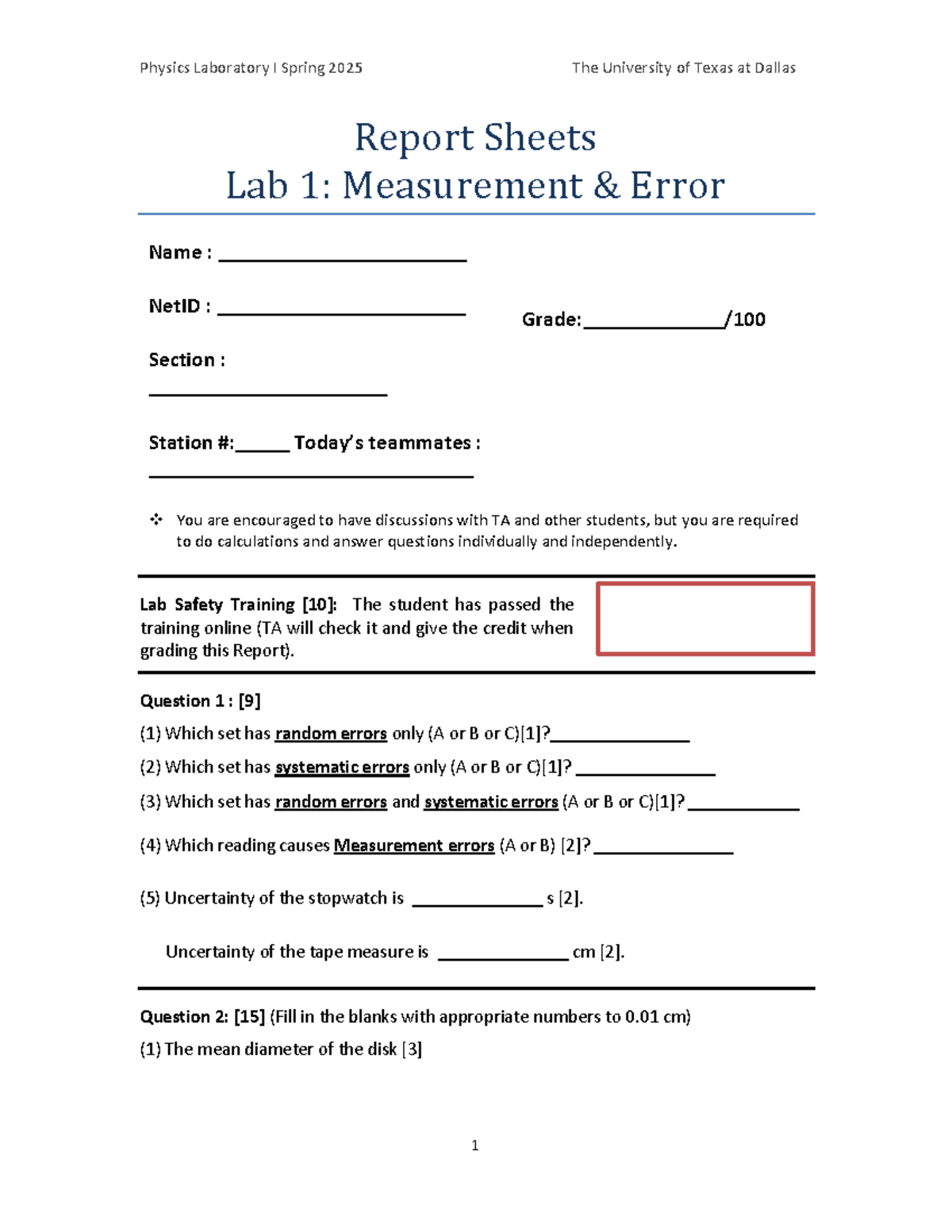 Lab01 Report-2 - lab 1 report - Report Sheets Lab 1: Measurement ...