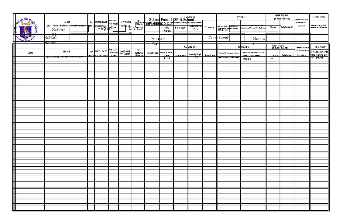 SF-1 - Yes - Sectio n REMARKS House #/ Street/ Sitio Purok / Barangay ...