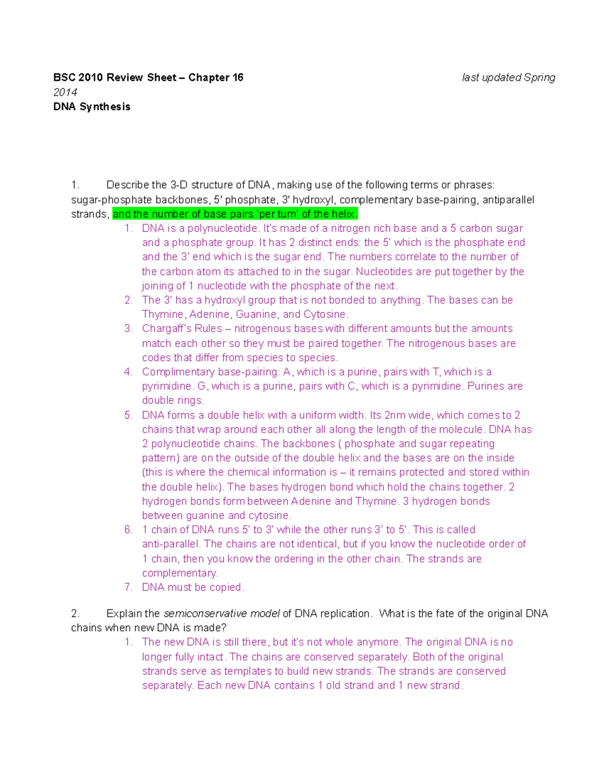 BSC 2010 Review Sheet – Chapter 16: DNA Synthesis - Studocu