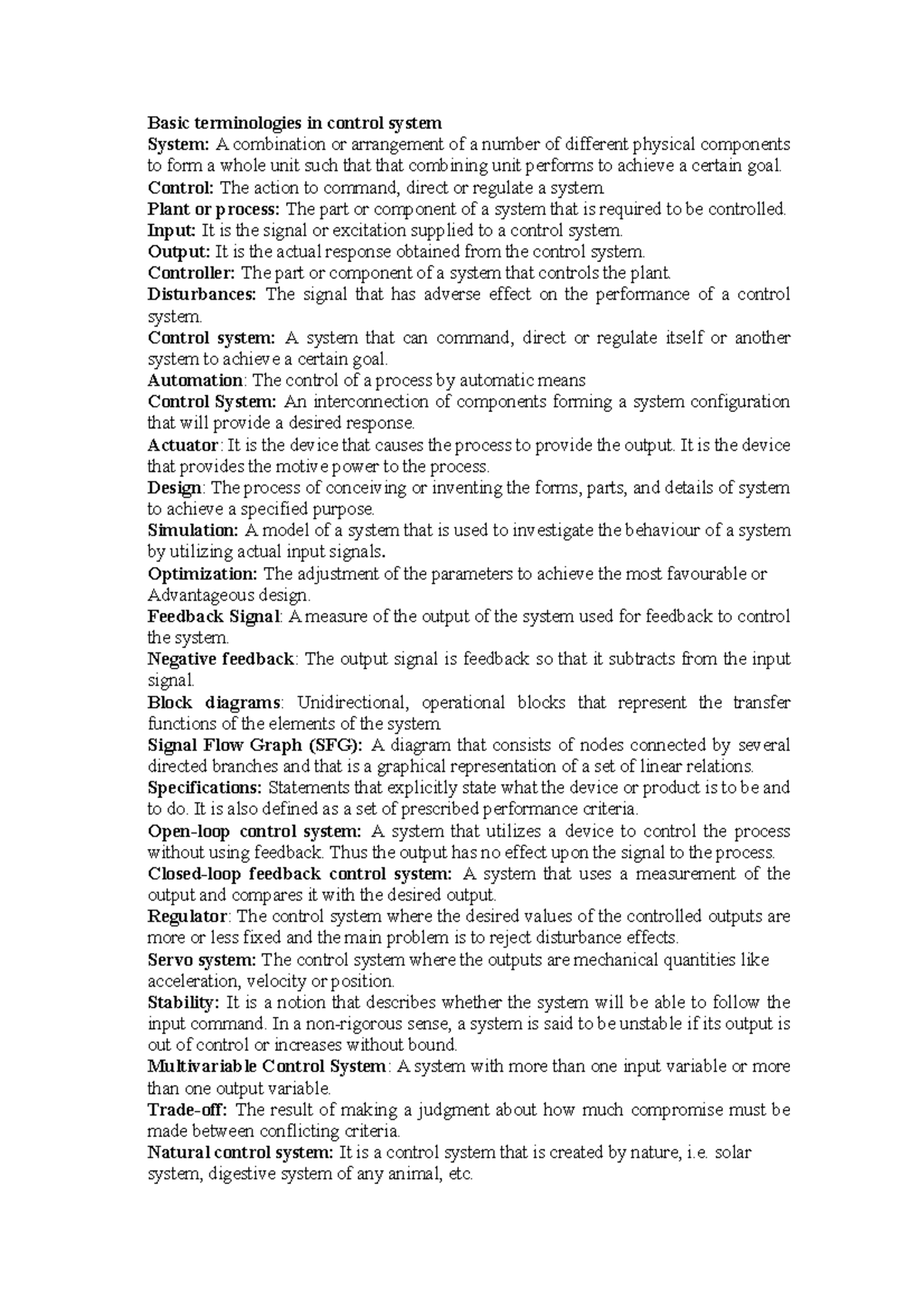 CS Summary - Control Systems Terminology and Concepts - Studocu