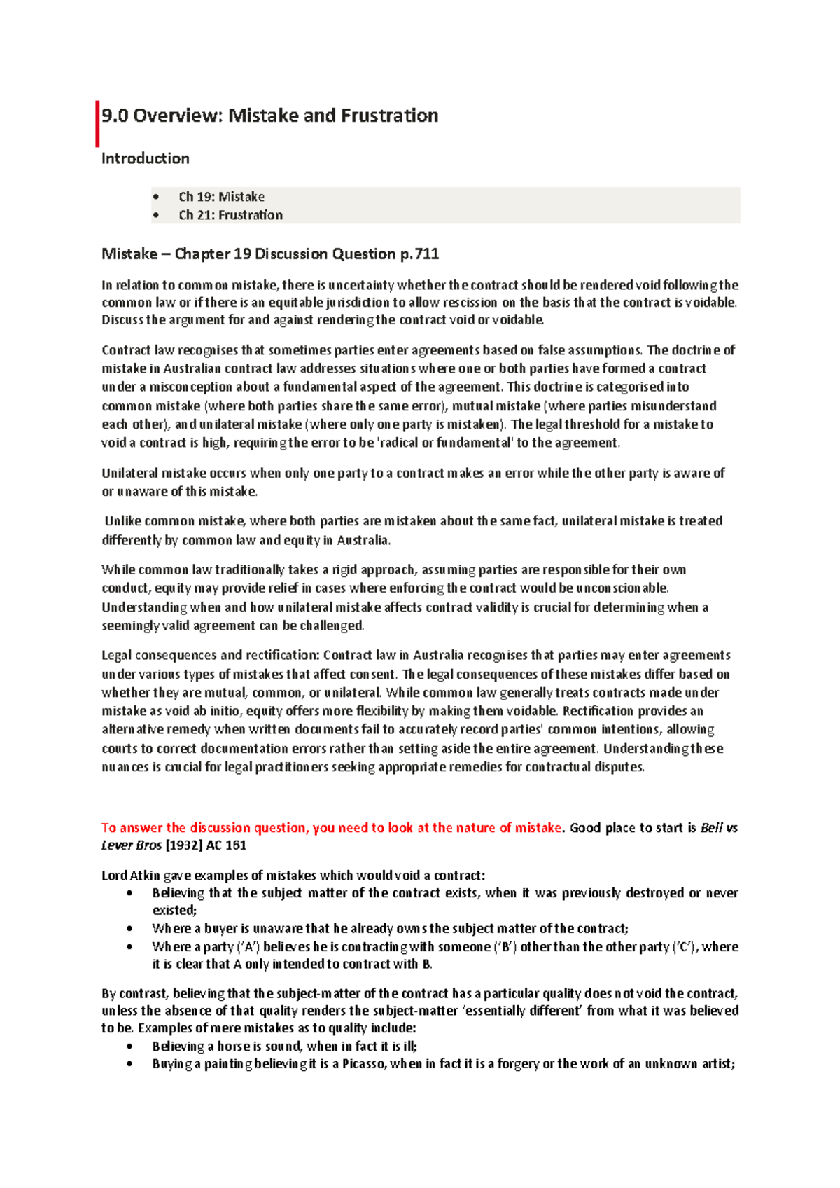 WK9 Notes: Overview of Mistake & Frustration in Contract Law - Studocu