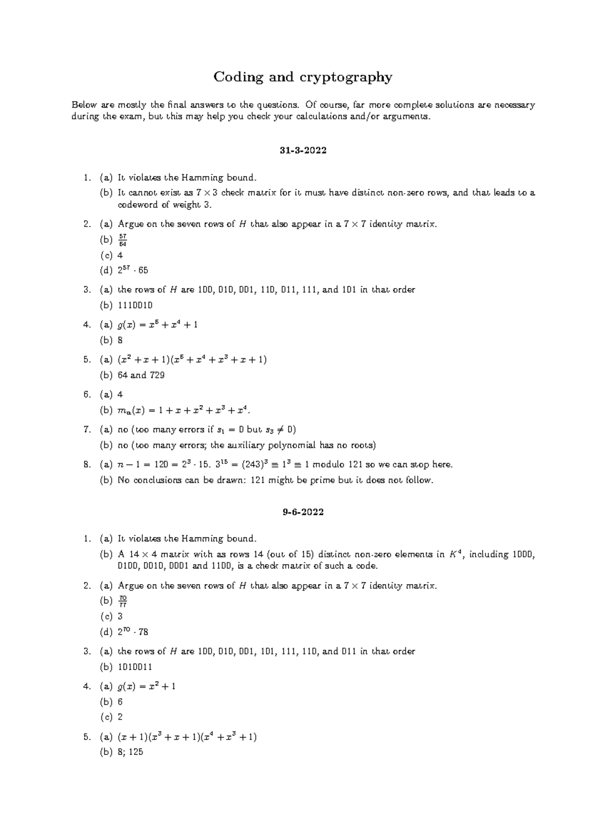 Terse Solutions to Coding and Cryptography Old Exams 2023 Full ...