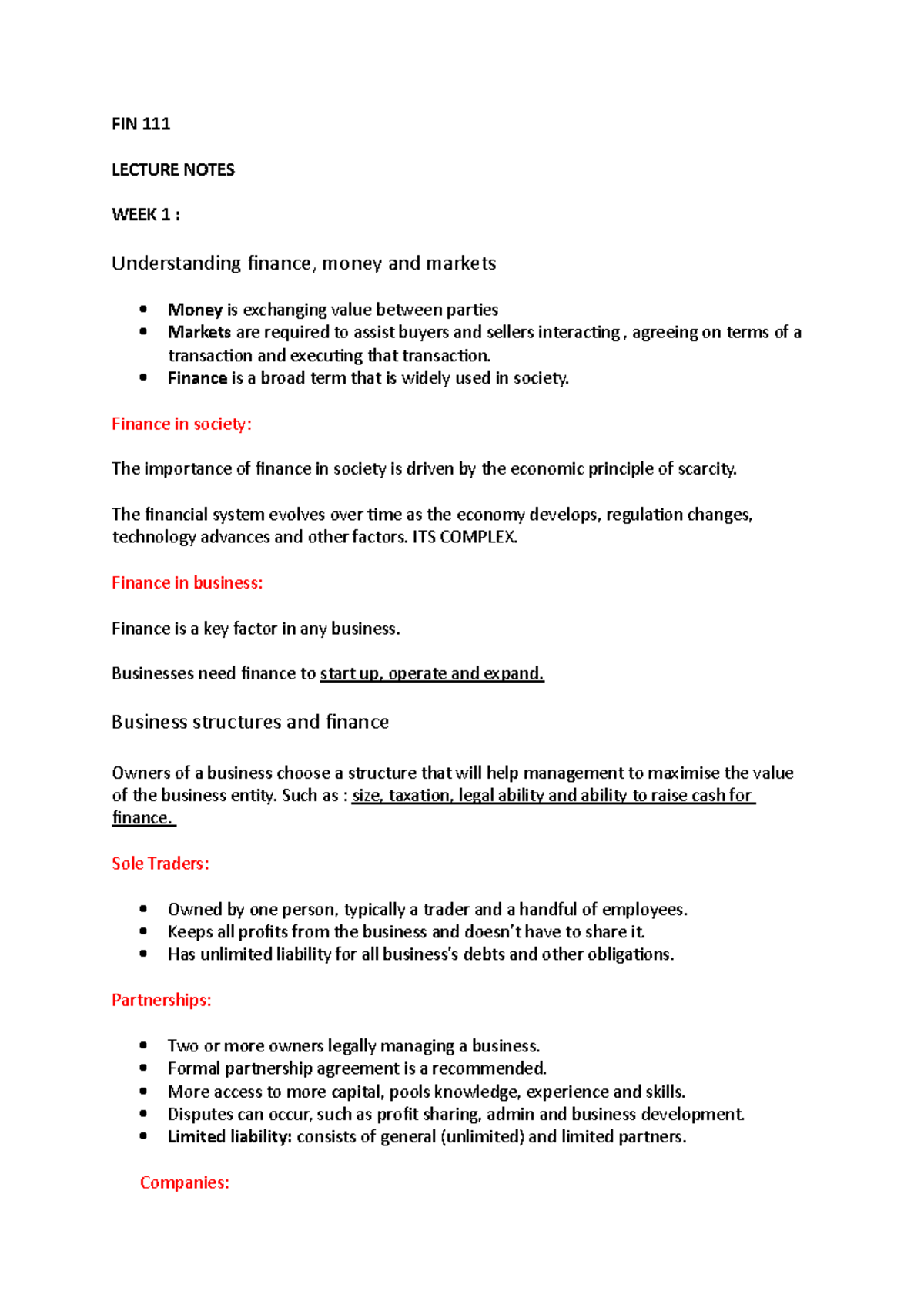 WEEK 1 -LN - FIN 111 LECTURE NOTES WEEK 1 : Understanding finance ...
