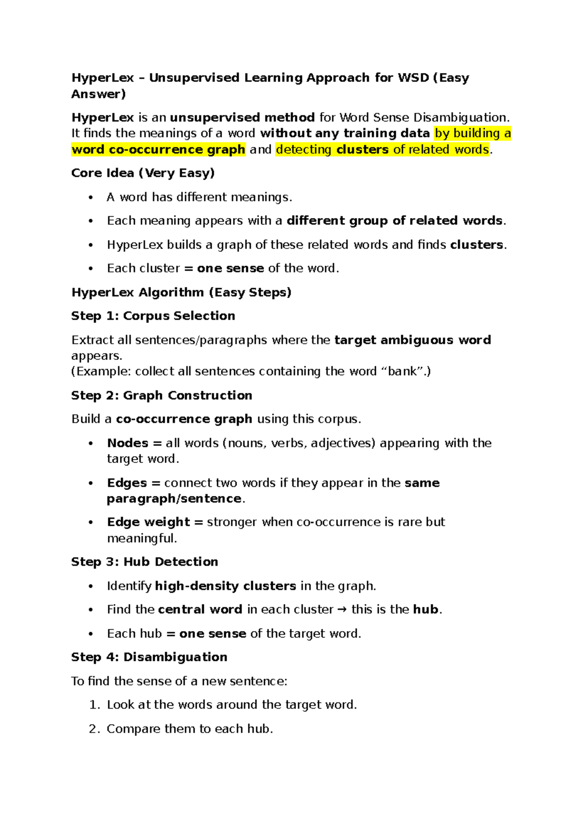 HyperLex WSD Unsupervised Learning Notes (Easy Answer) - Studocu