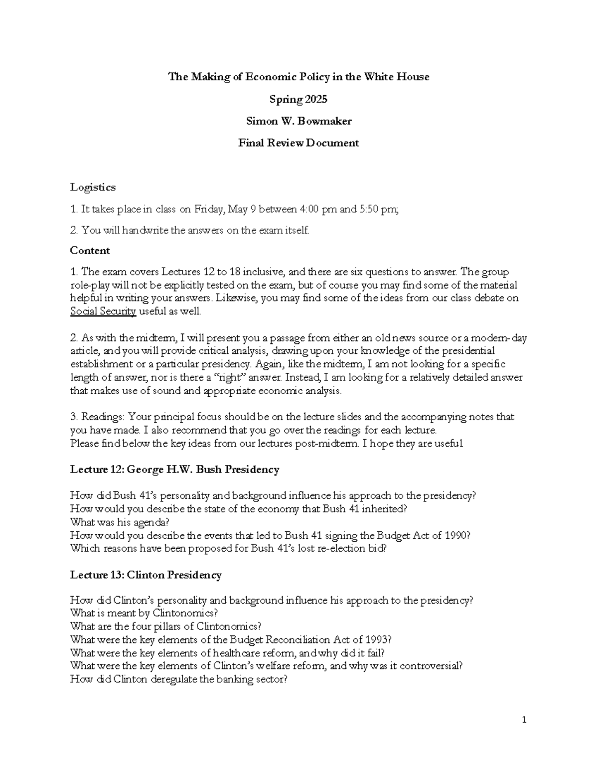 ECO 202: Final Exam Review on Economic Policy in the White House - Studocu