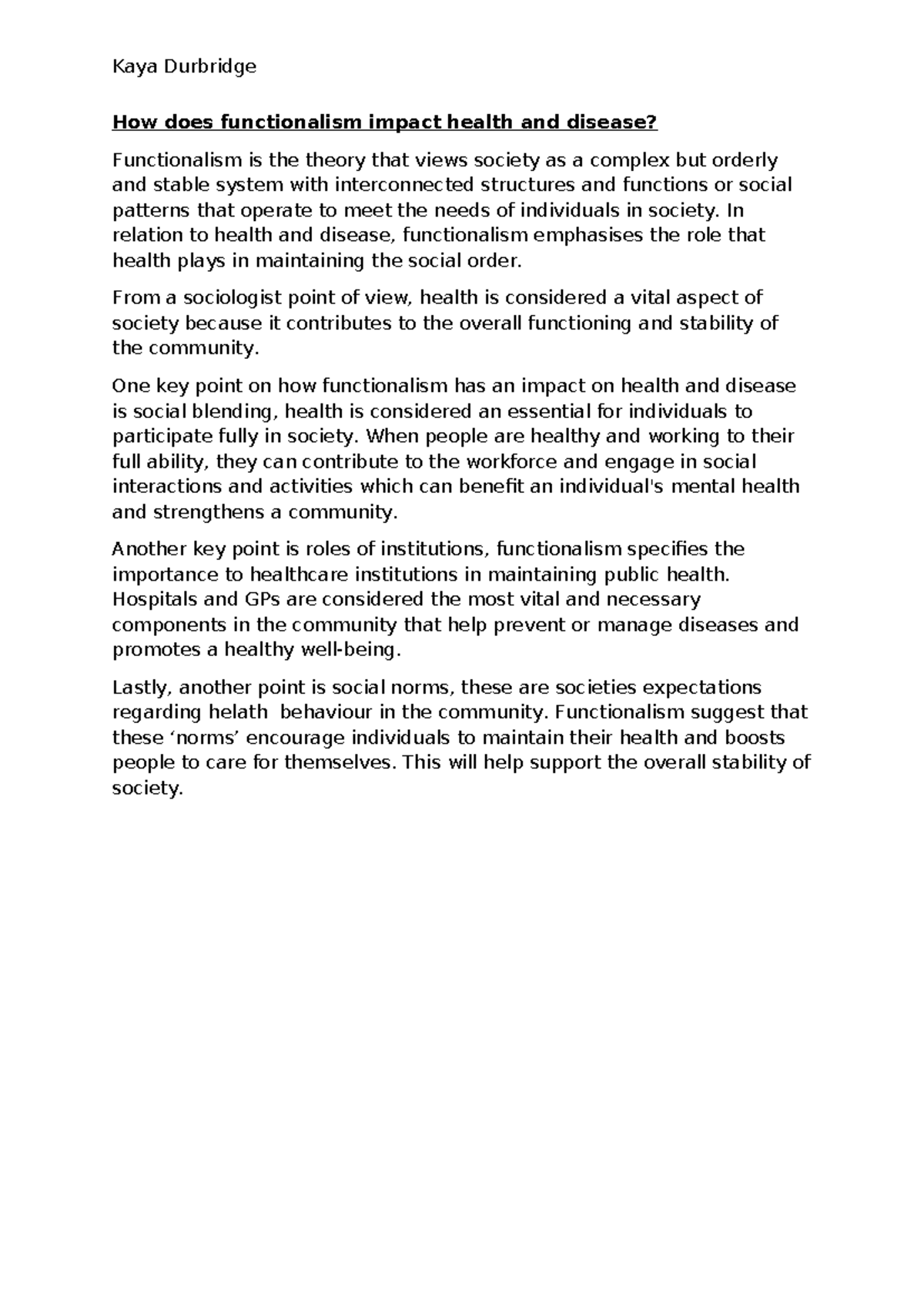 Functionalism and Its Role in Health and Wellbeing - Studocu