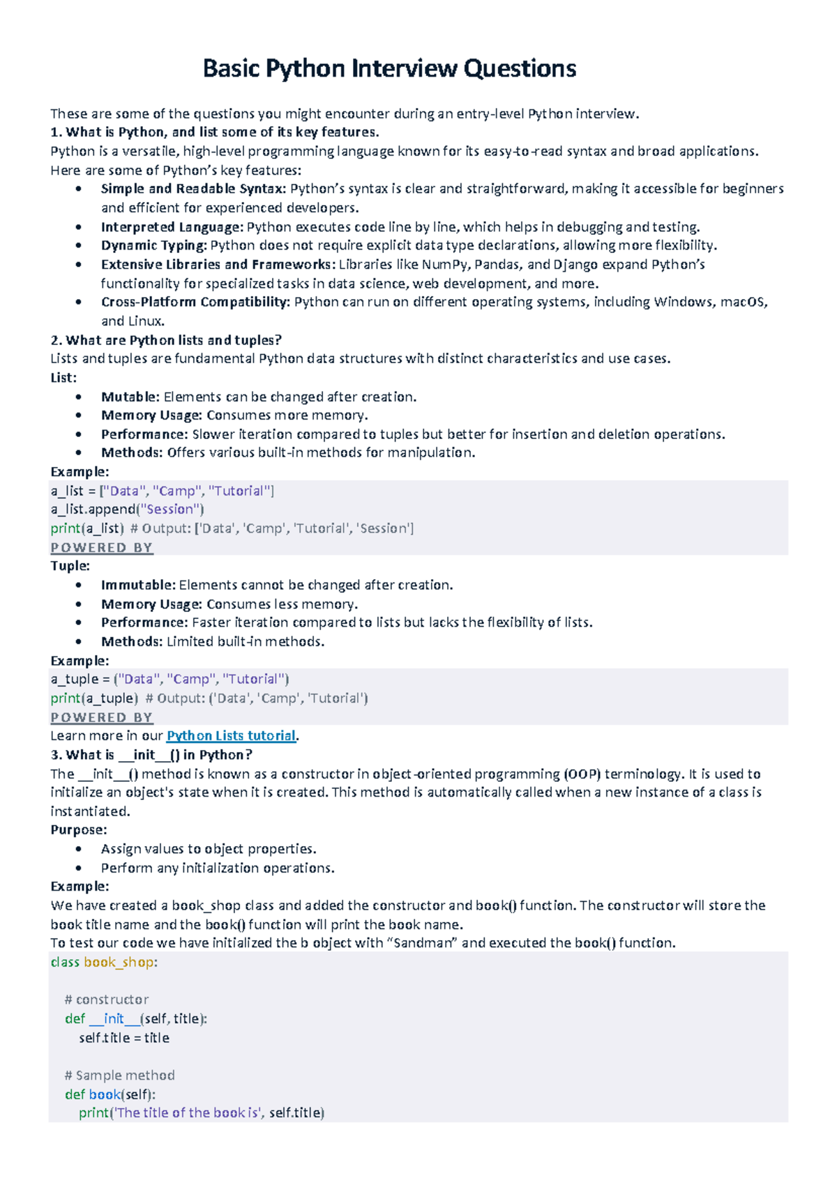 Basic Python Interview Questions and Answers - Studocu