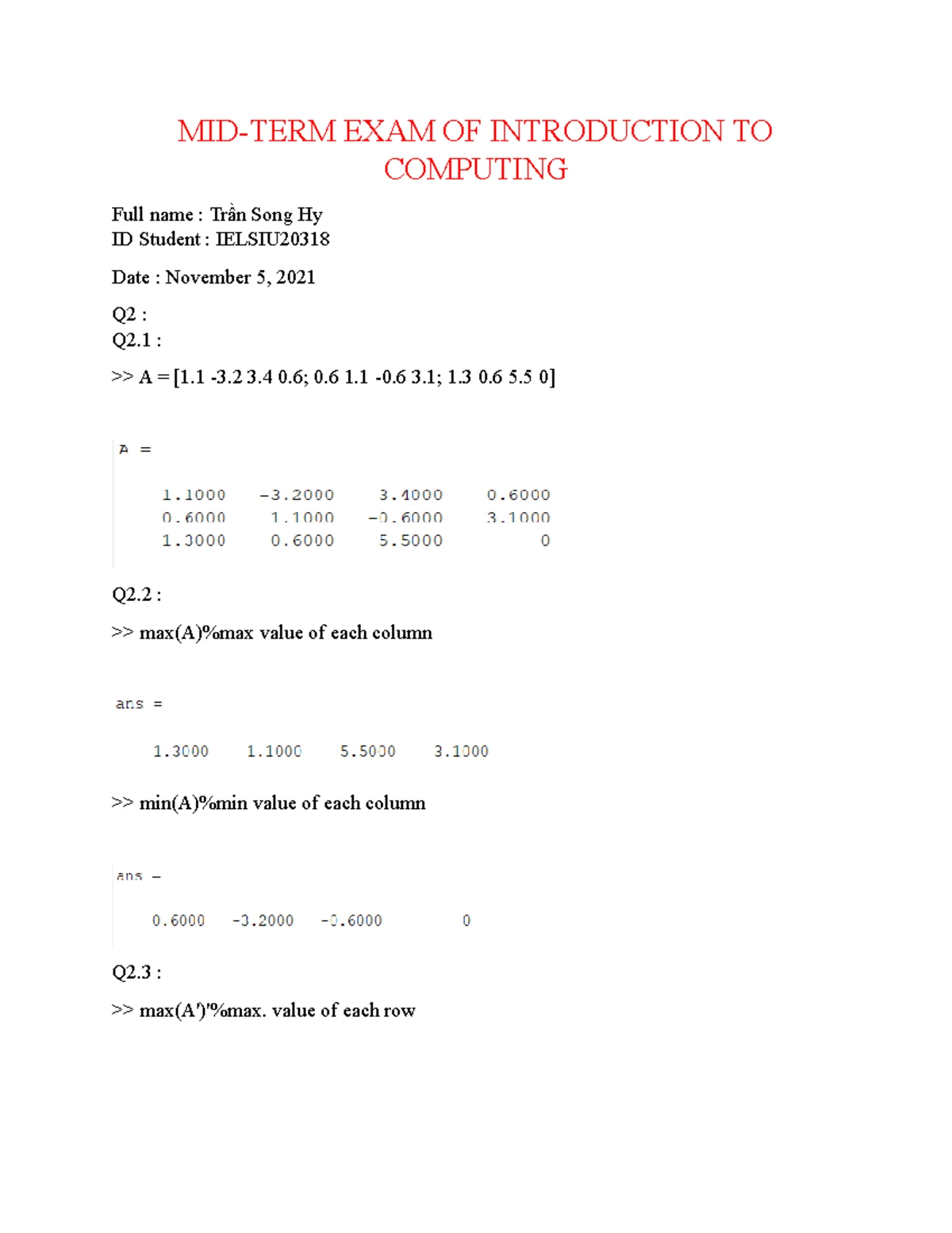 Mid-term Exam Review for MATLAB Programming Questions - Studocu