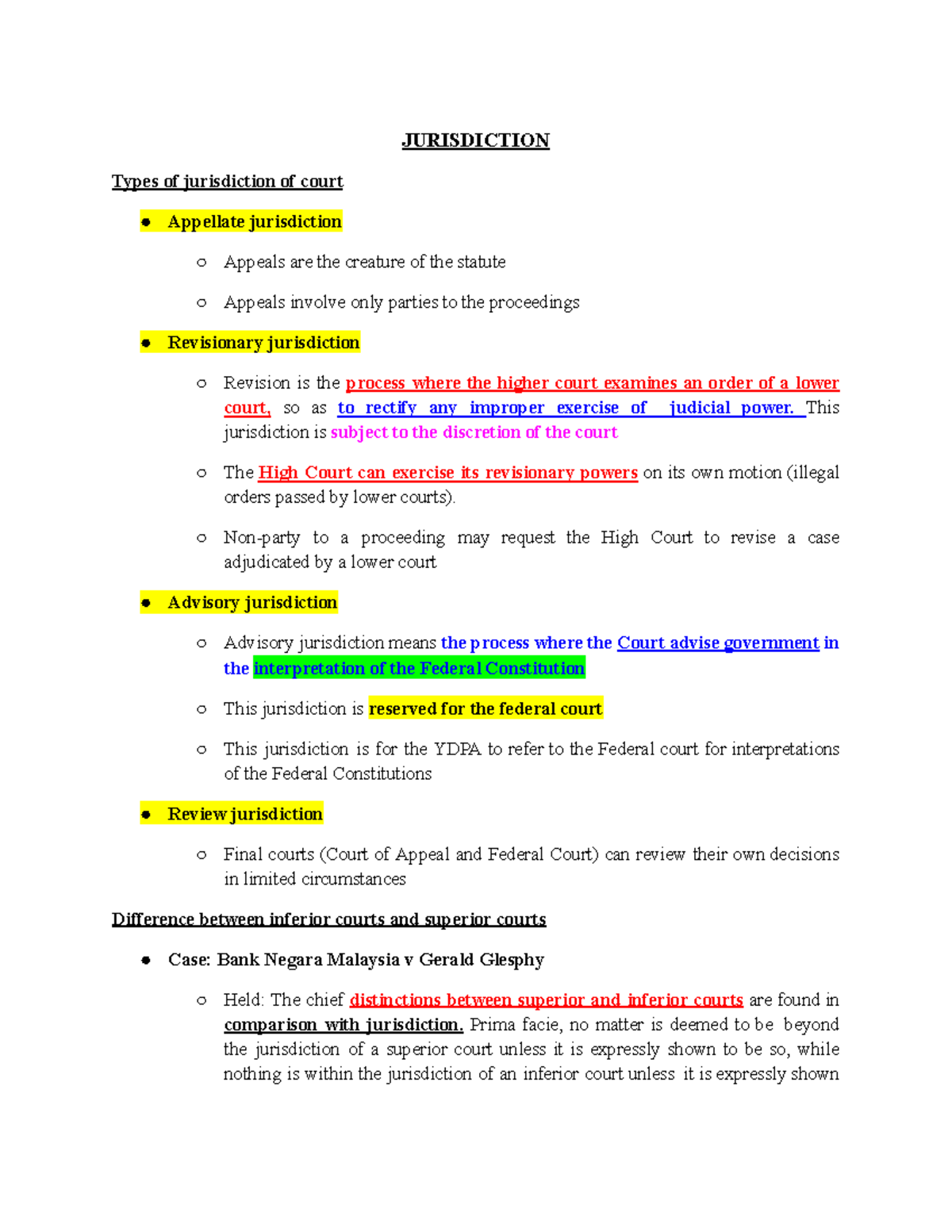 CPC Lecture Notes: Types of Jurisdiction in Courts - Studocu