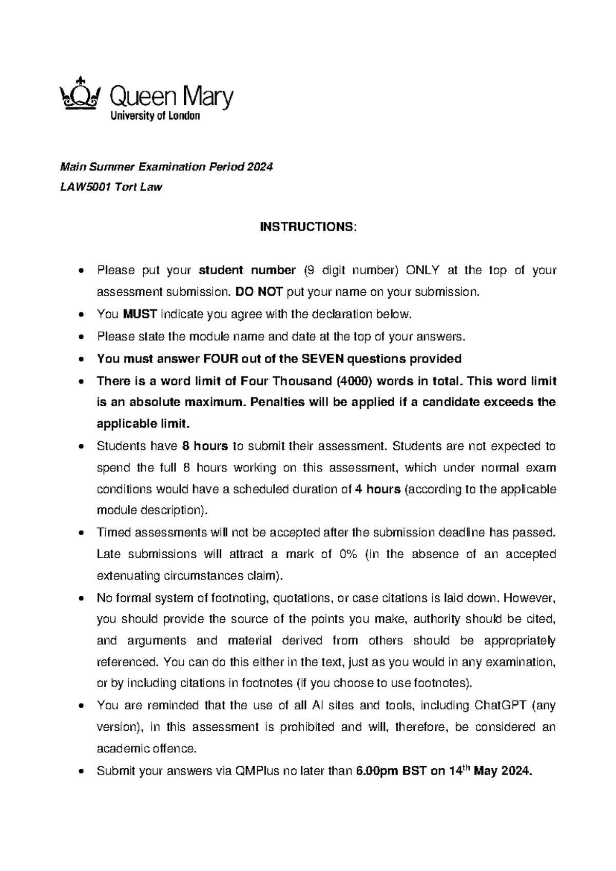 2024 LAW5001 Tort Law Final Exam Instructions and Questions - Studocu