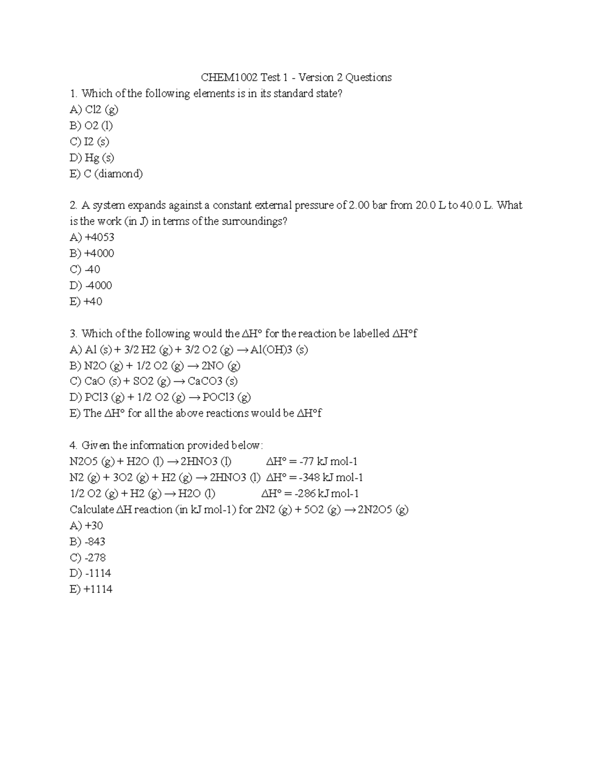 CHEM1002 Test 1 - Version 2 Study Guide and Solutions - Studocu