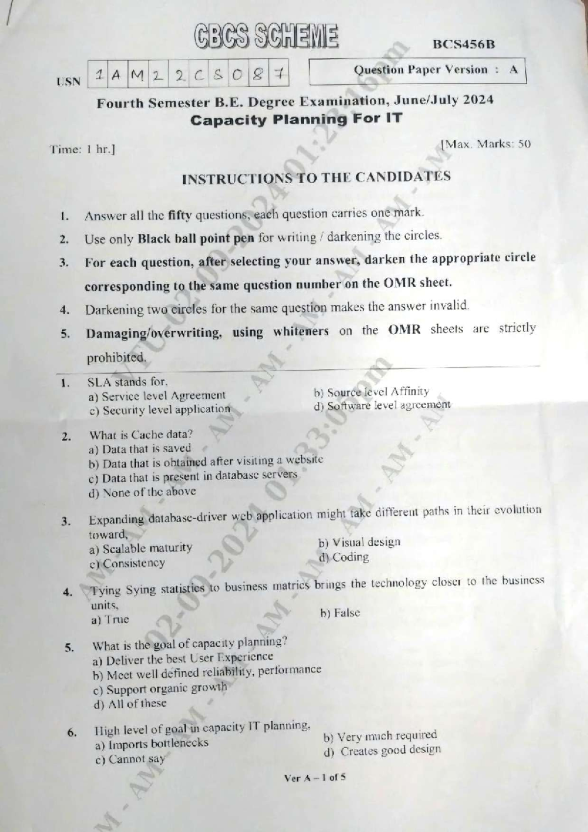 BCS456B 1AM22CS087 Fourth Sem Capacity Planning Exam Paper 2024 - Studocu
