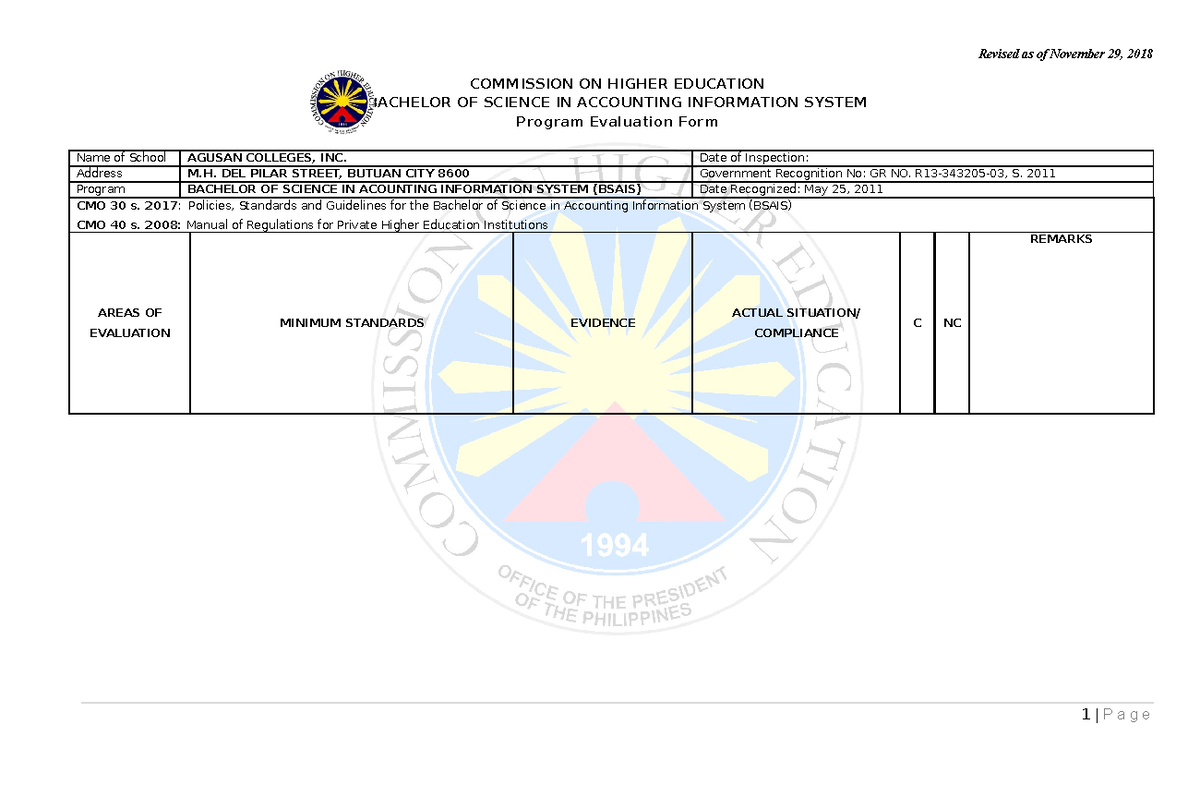 BSAIS Program Evaluation Form: Agusan Colleges Inc. Inspection Report ...