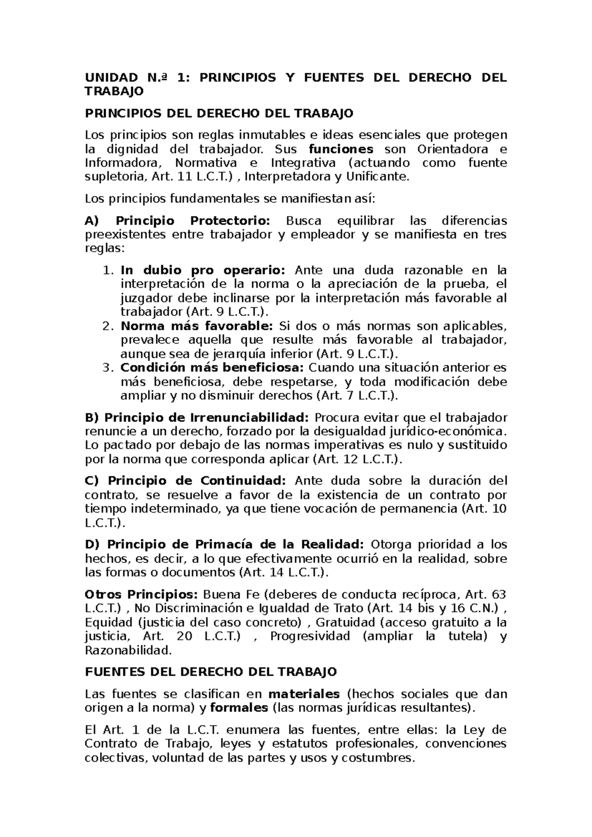 Resumen de Principios y Fuentes del Derecho Laboral - UNIDAD N.ª 1 ...