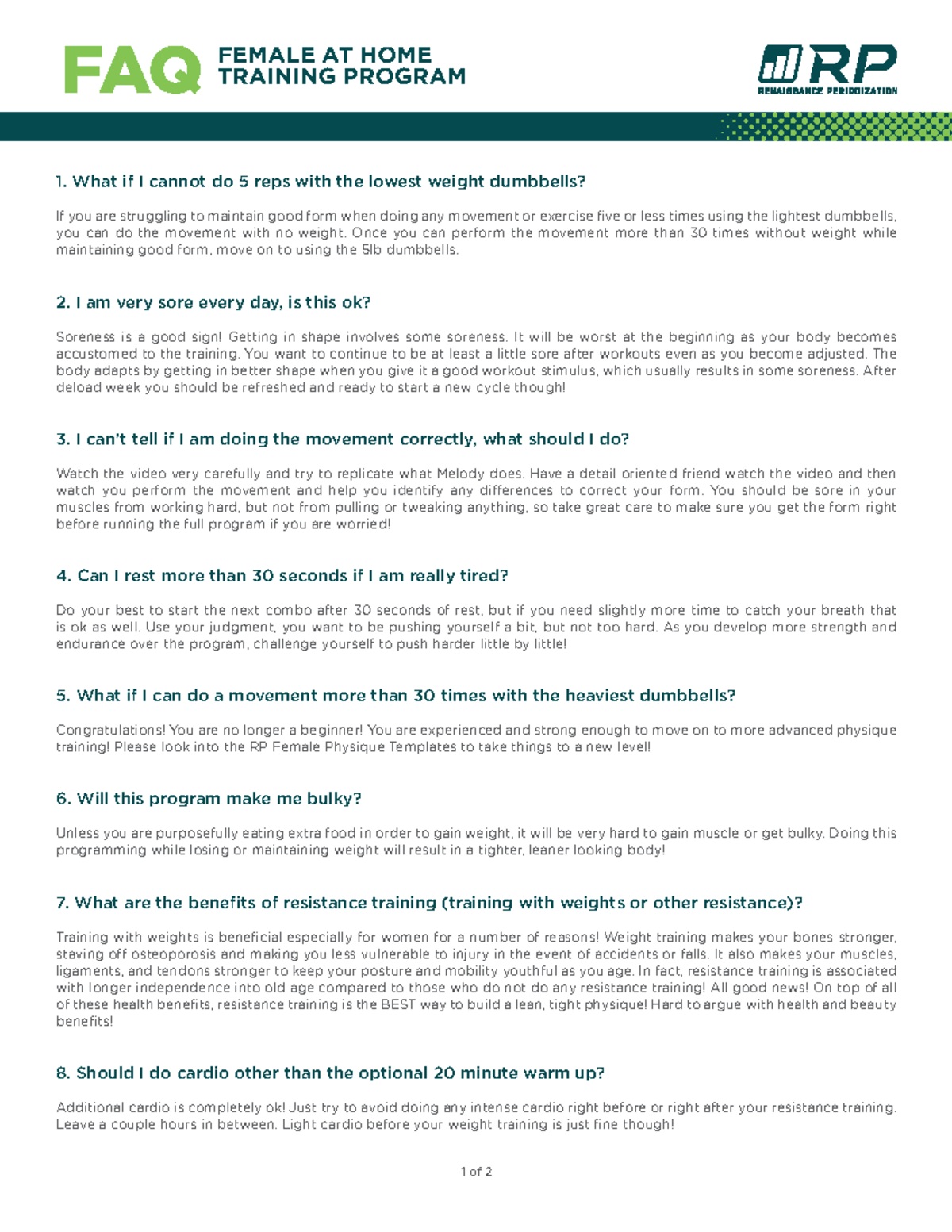 RP Gym Free FAQ 3: Female At Home Training Program Insights - Studocu