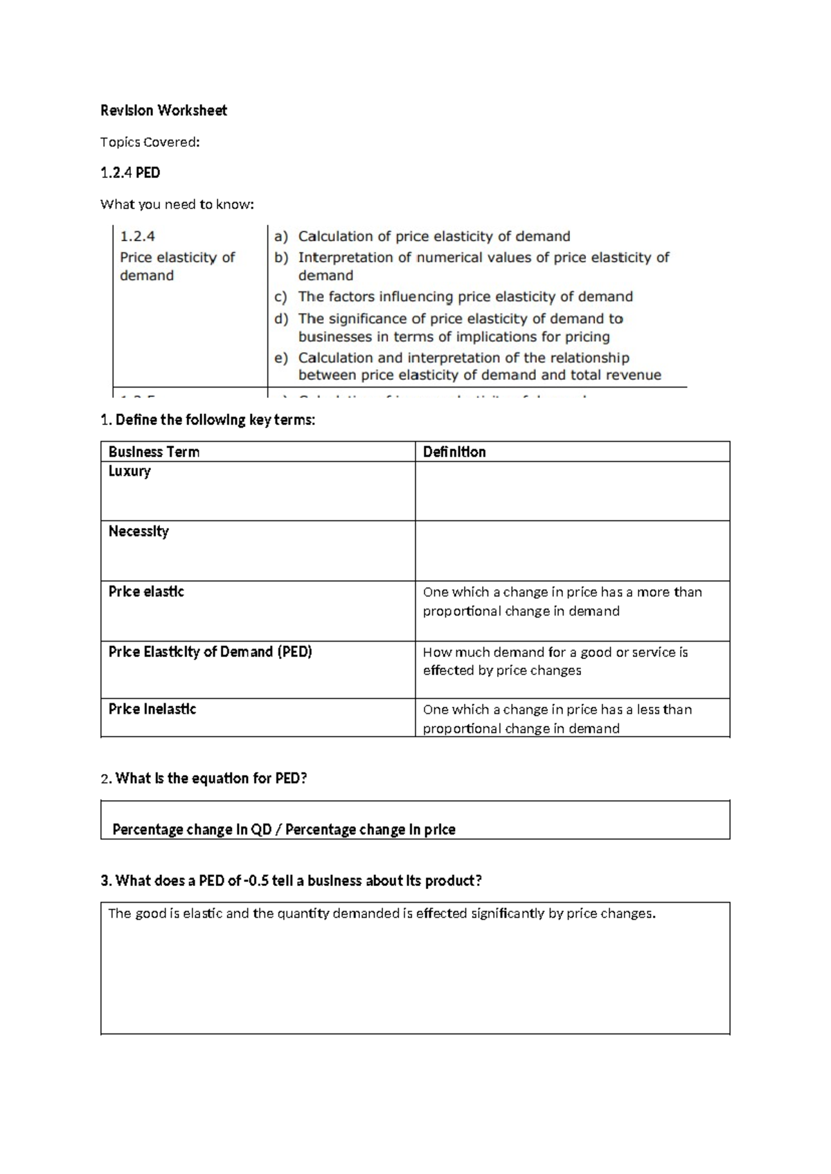 1.2.4 PED revision bank - Revision Worksheet Topics Covered: 1.2 PED ...